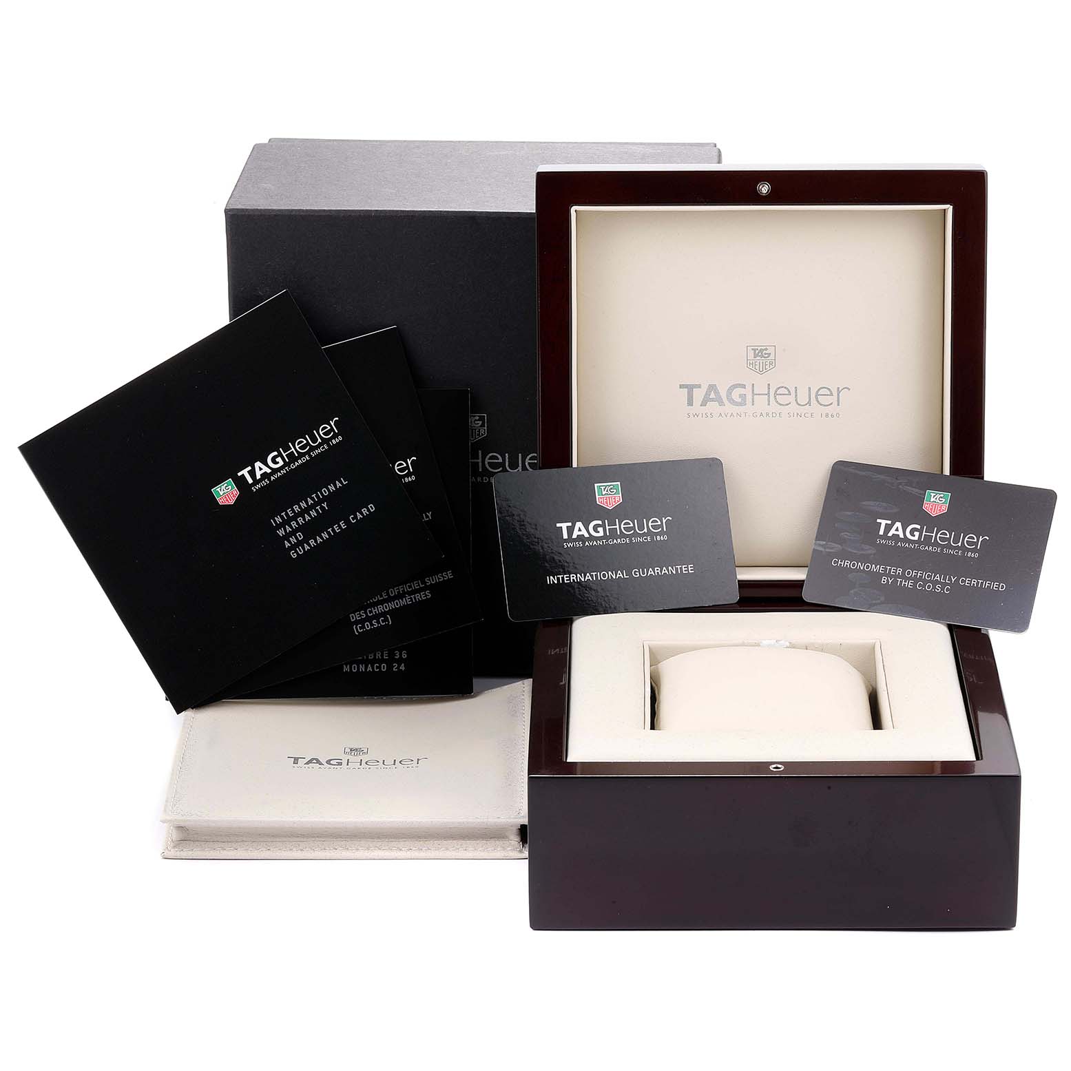 The image shows a Tag Heuer Carrera CAV5185.FC6237 Men's Titanium Black Dial CAV5185.FC6237 Men's Titanium Black Dial watch box, international guarantee cards, manuals, and other official documentation.