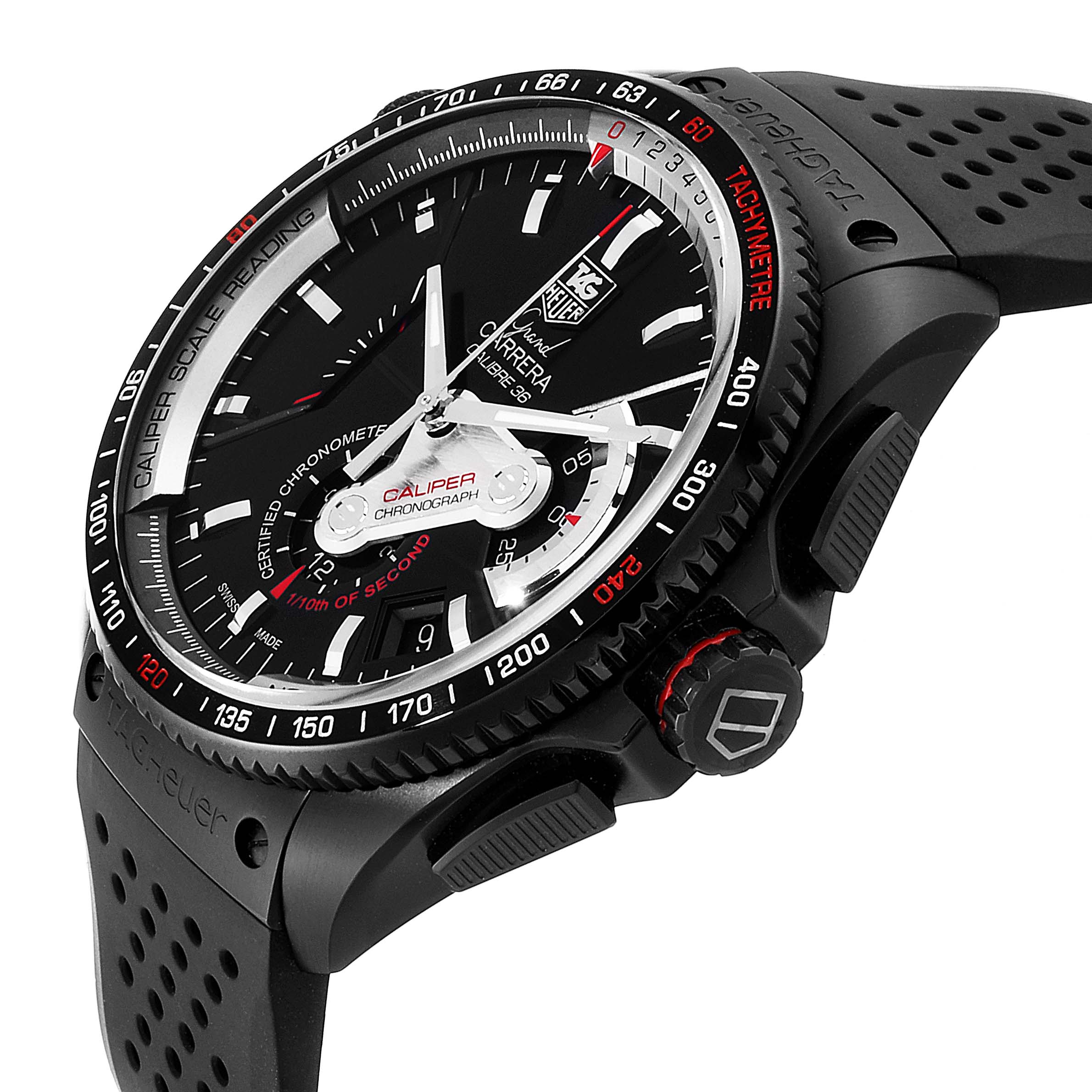 The image shows a close-up side view of the Tag Heuer Carrera CAV5185.FC6237 Men's Titanium Black Dial CAV5185.FC6237 Men's Titanium Black Dial watch, highlighting its bezel, dial, crown, and strap.