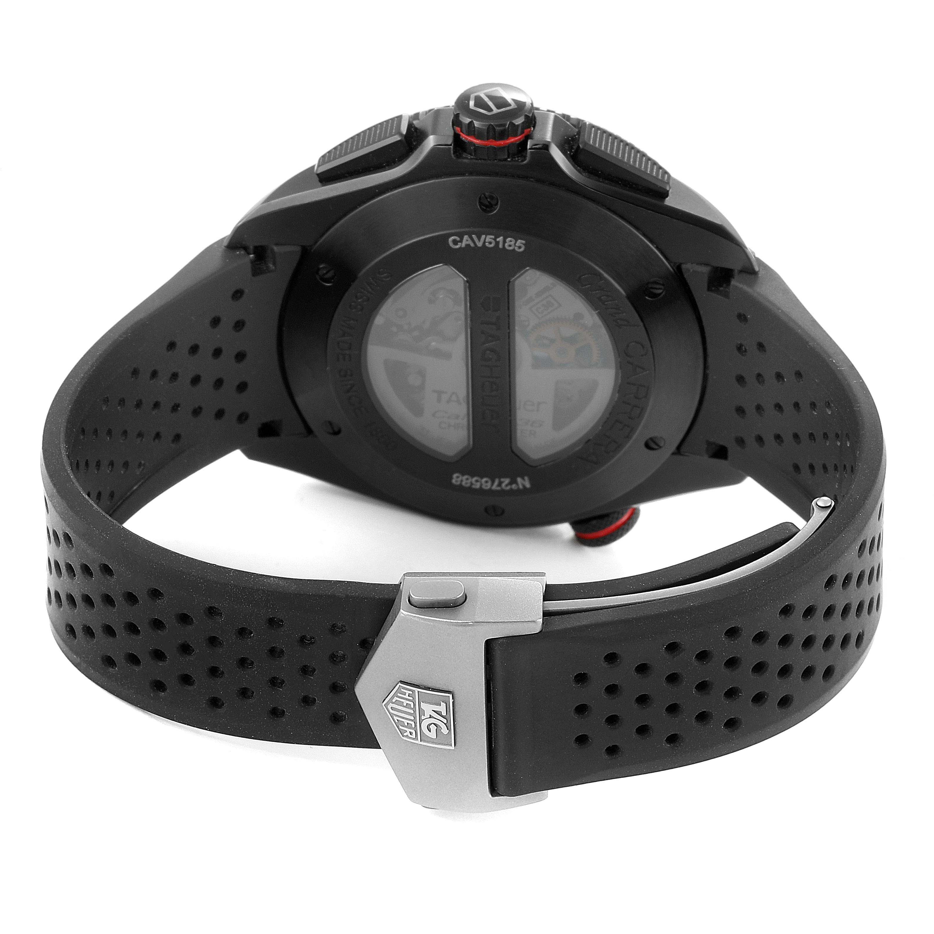 The image shows the back of a Tag Heuer Carrera CAV5185.FC6237 Men's Titanium Black Dial CAV5185.FC6237 Men's Titanium Black Dial watch, highlighting its clasp and perforated strap.