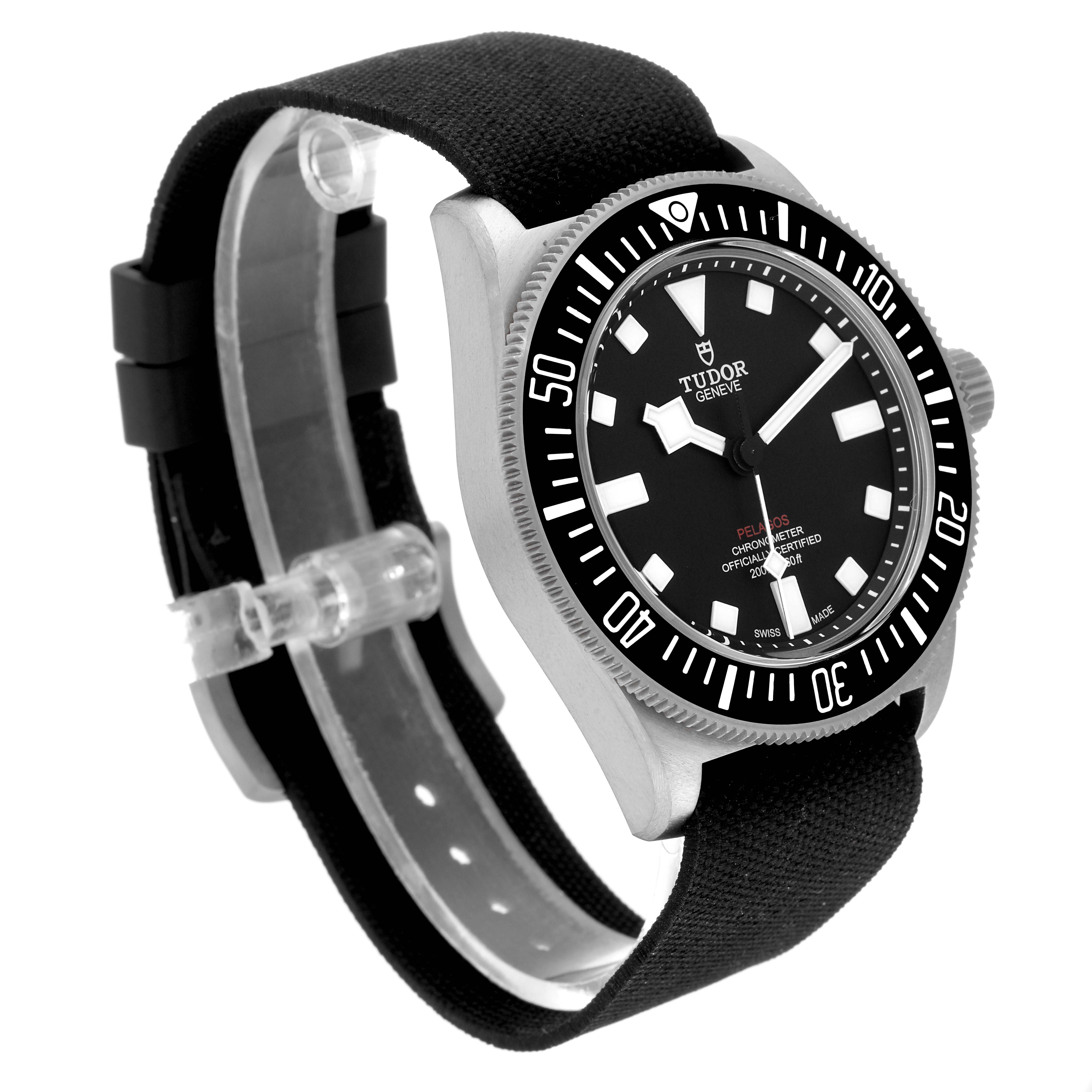 The Tudor Pelagos M25717N-0001 Men
s Titanium Black Dial M25717N-0001 Men
s Titanium Black Dial watch is shown at an angle highlighting its face, bezel, and strap.