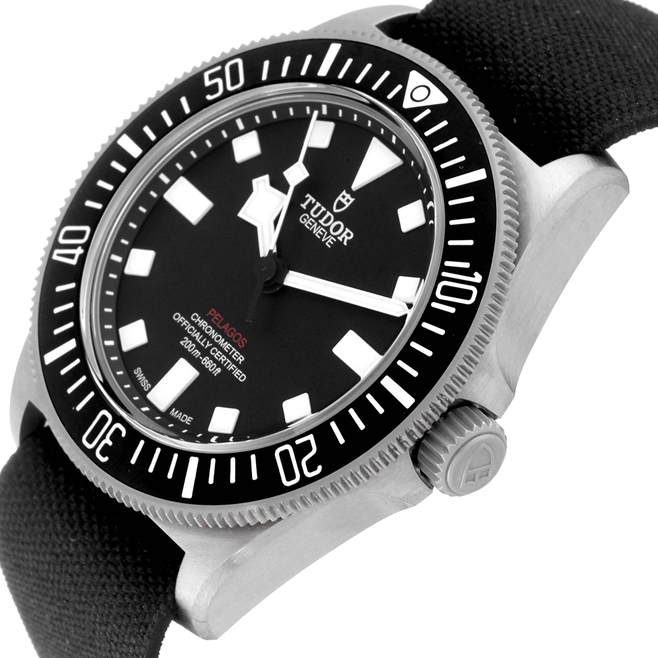 The image shows a Tudor Pelagos M25717N-0001 Men
s Titanium Black Dial M25717N-0001 Men
s Titanium Black Dial watch at an angled close-up, highlighting the dial, bezel, crown, and strap.