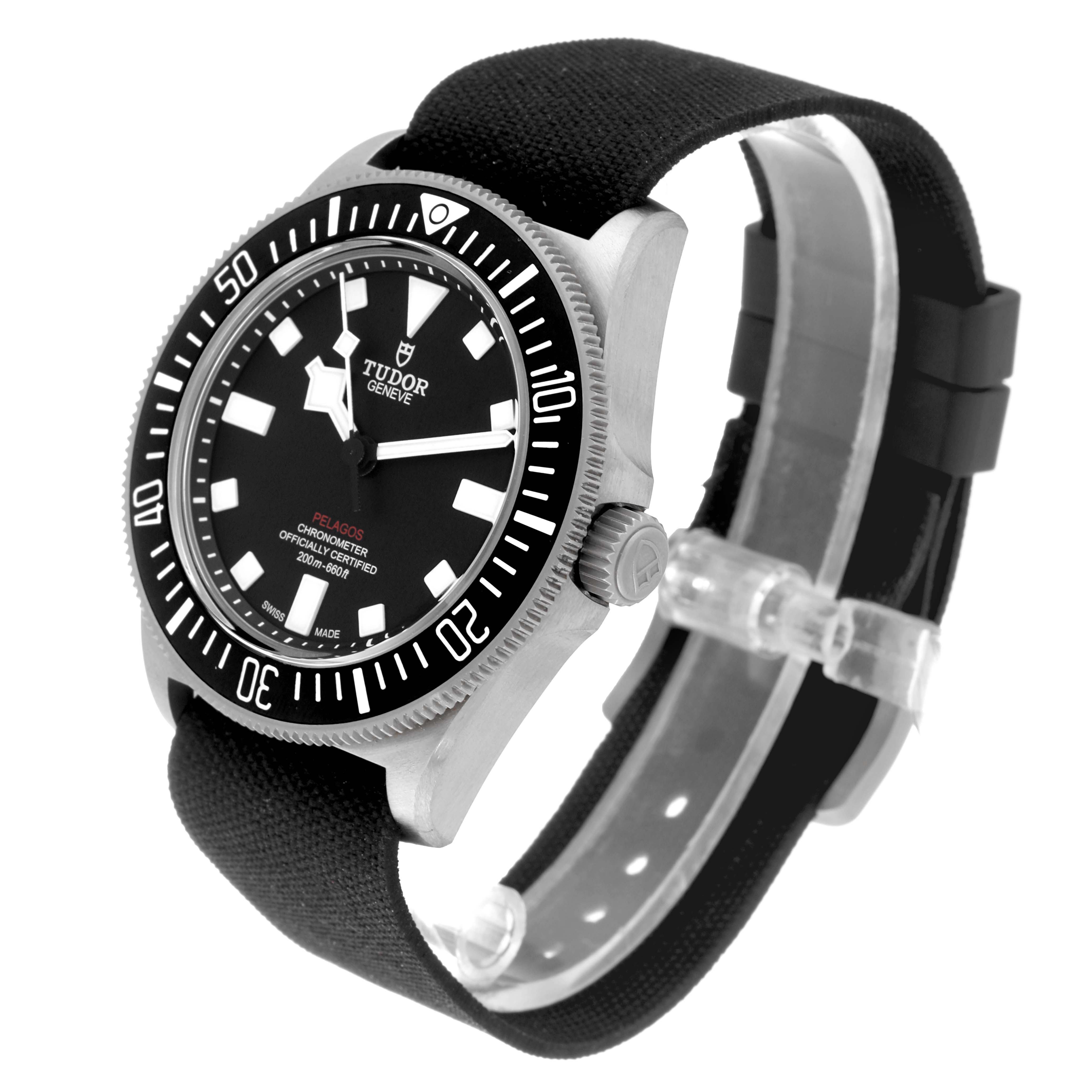 This image shows a side angle of the Tudor Pelagos M25717N-0001 Men
s Titanium Black Dial M25717N-0001 Men
s Titanium Black Dial watch, highlighting its bezel, dial, crown, and strap.