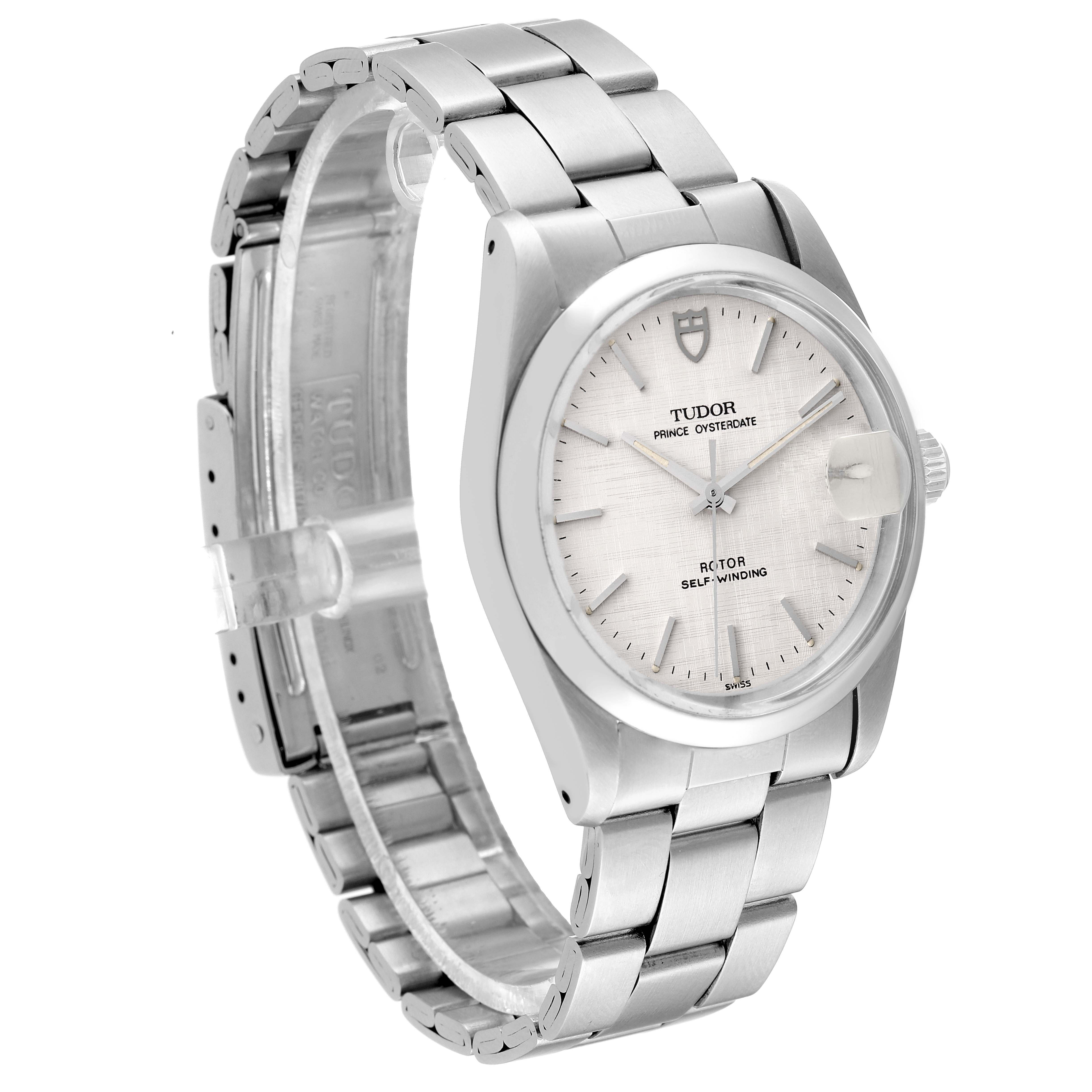 The image shows the Tudor Prince 74000N Men
s Stainless Steel Silver Dial 74000N Men
s Stainless Steel Silver Dial model watch from a three-quarter angle, showcasing the dial, bracelet, and clasp partially open.