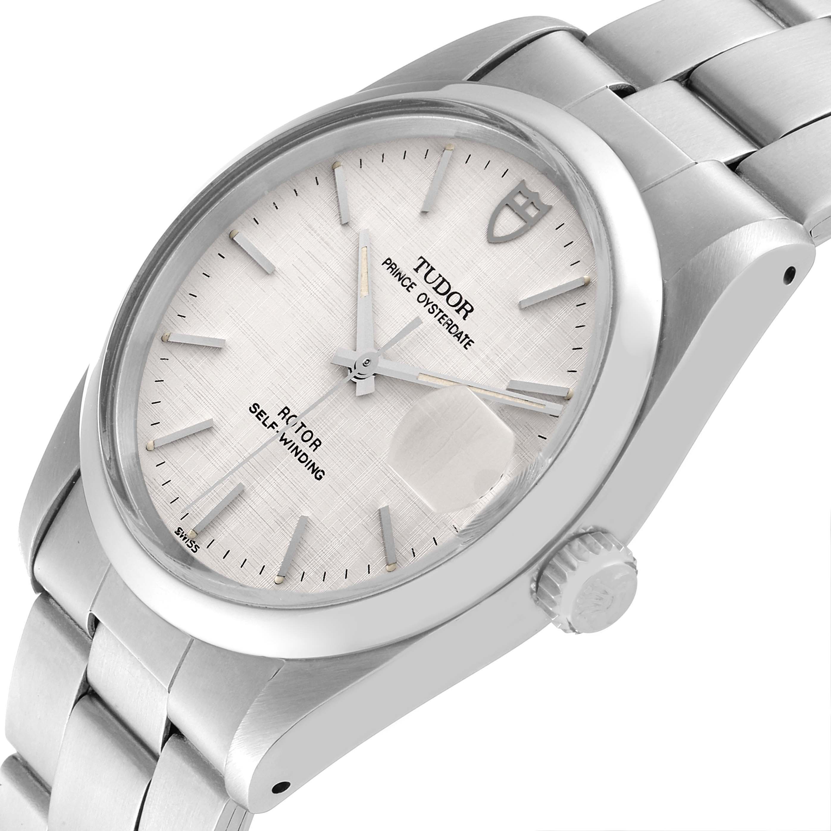 The image shows a Tudor Prince 74000N Men
s Stainless Steel Silver Dial 74000N Men
s Stainless Steel Silver Dial model watch angled from the top-right, highlighting the dial, bezel, crown, and part of the bracelet.