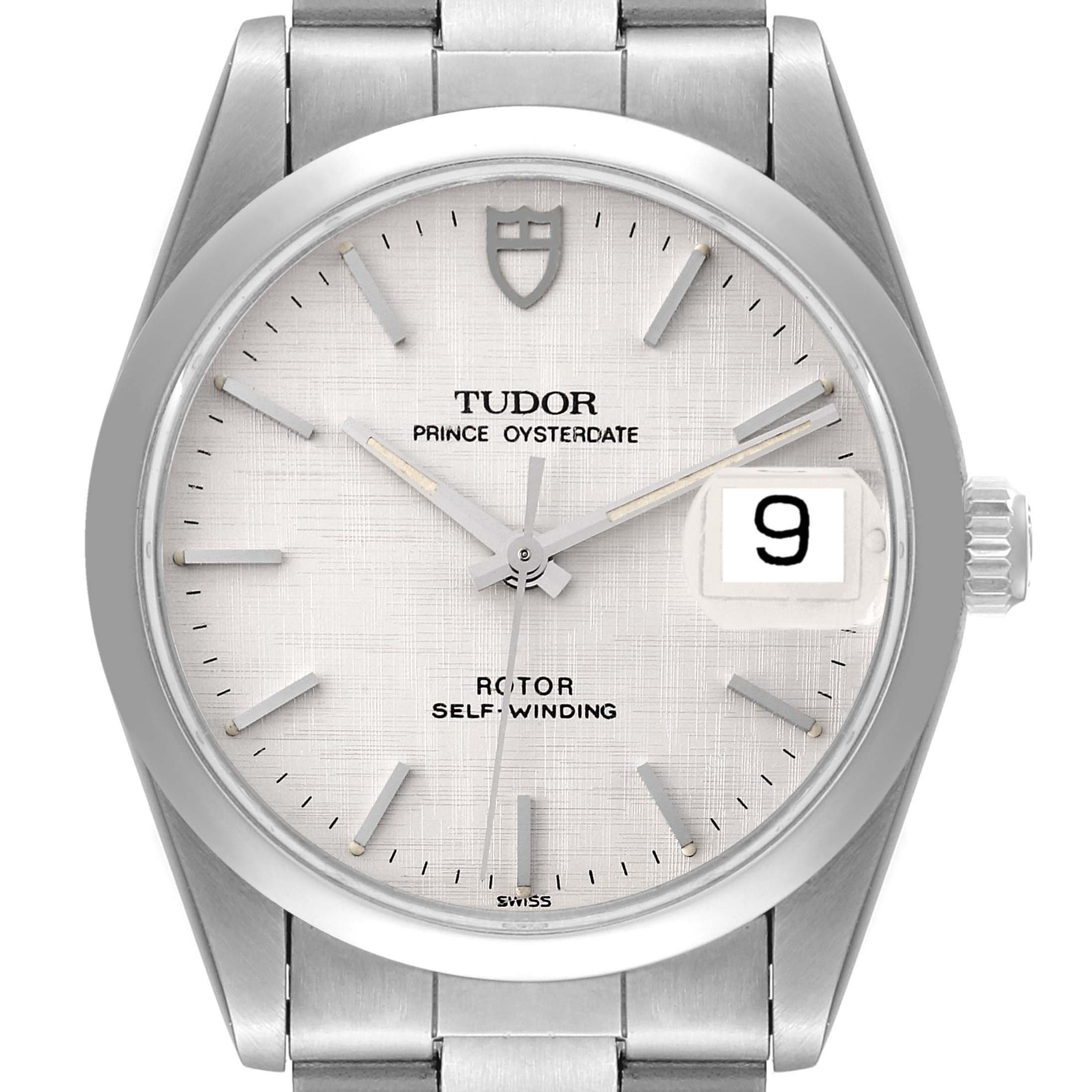 This image shows a front view of a Tudor Prince 74000N Men
s Stainless Steel Silver Dial 74000N Men
s Stainless Steel Silver Dial Oysterdate watch, highlighting the dial, hands, date feature, and part of the bracelet.
