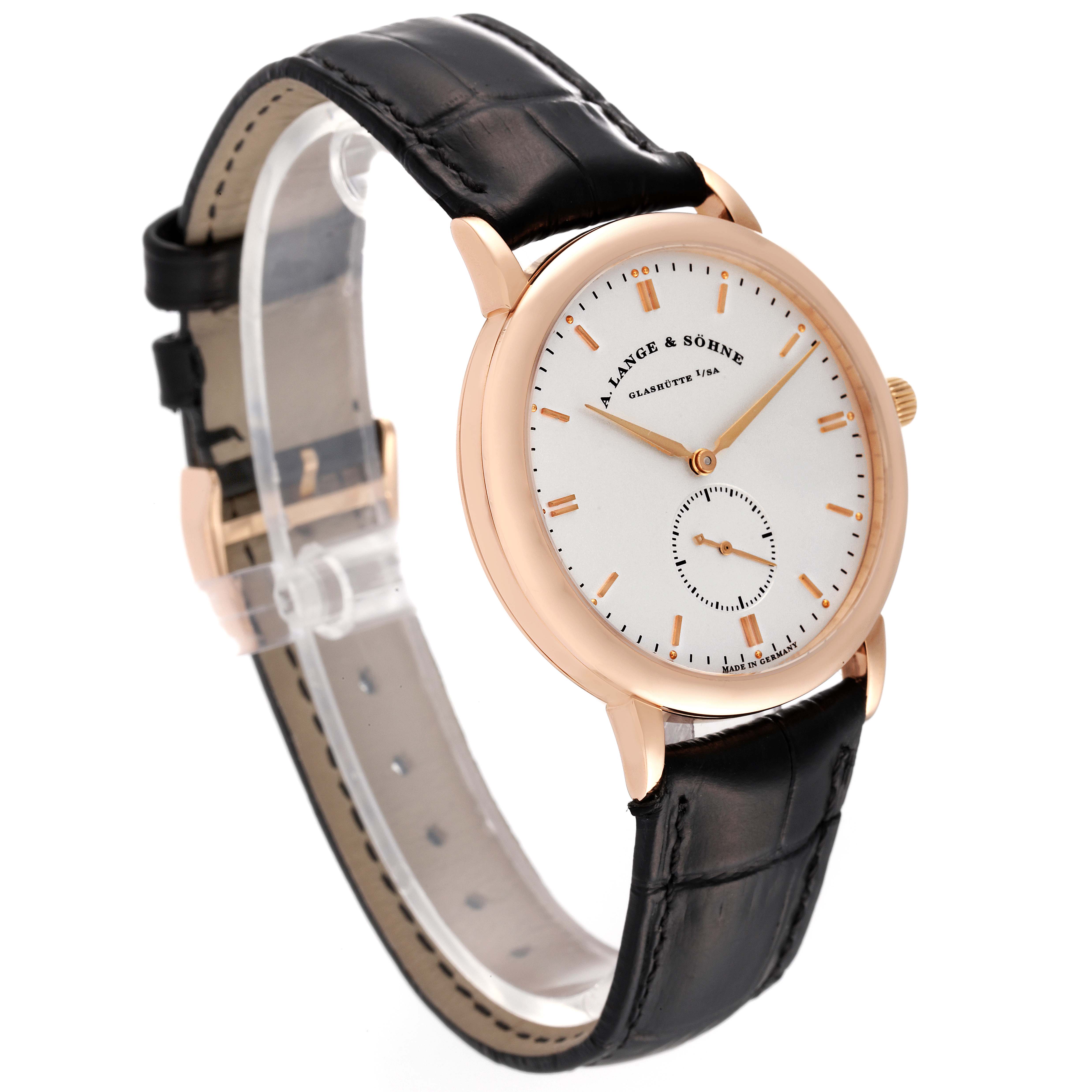 The A. Lange & Sohne Saxonia 215.032 Men's Rose Gold Silver Dial watch is shown from an angled side view, displaying the face, crown, and black leather strap.