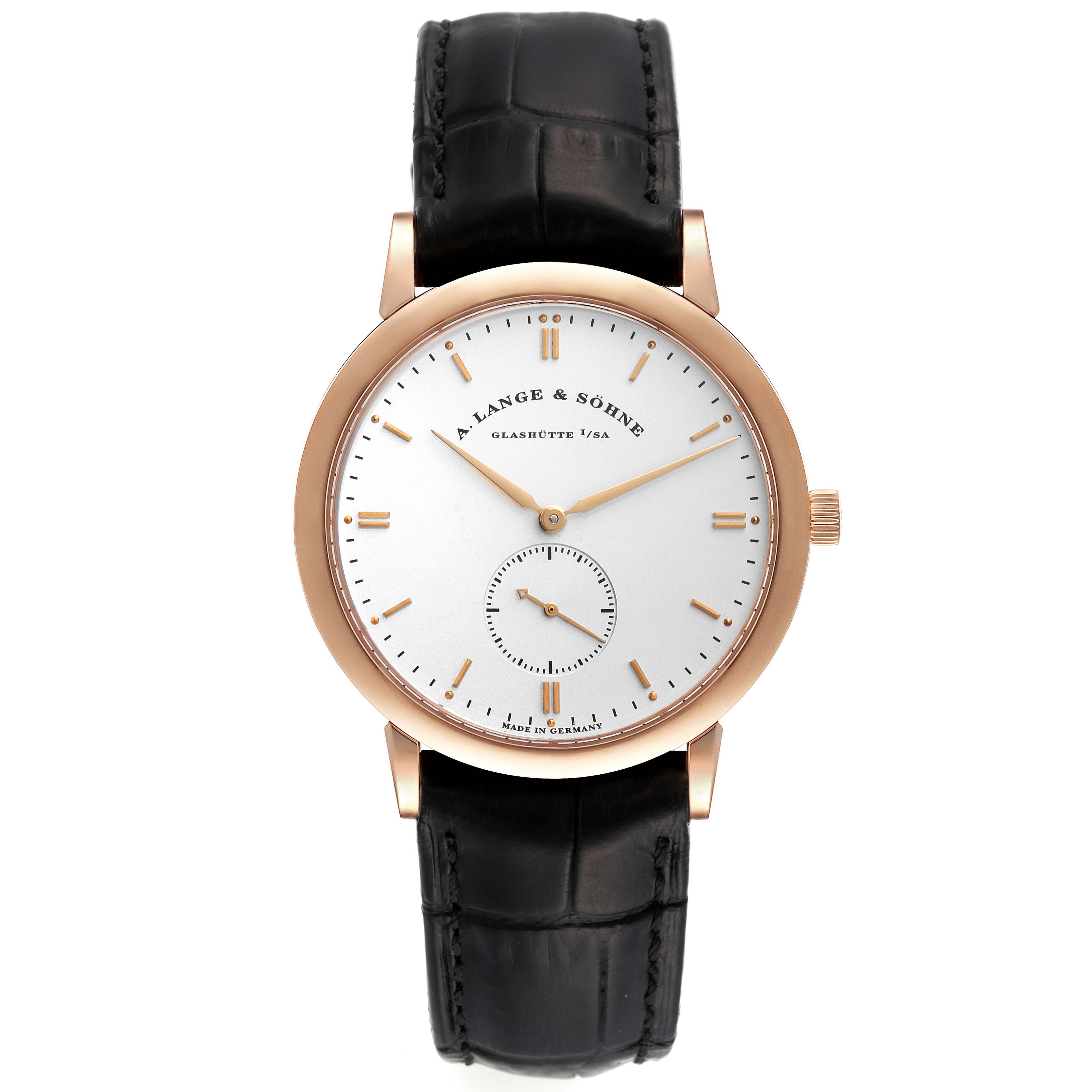 This image shows a front view of the A. Lange & Sohne Saxonia 215.032 Men's Rose Gold Silver Dial watch, featuring its face, hands, crown, and leather strap.