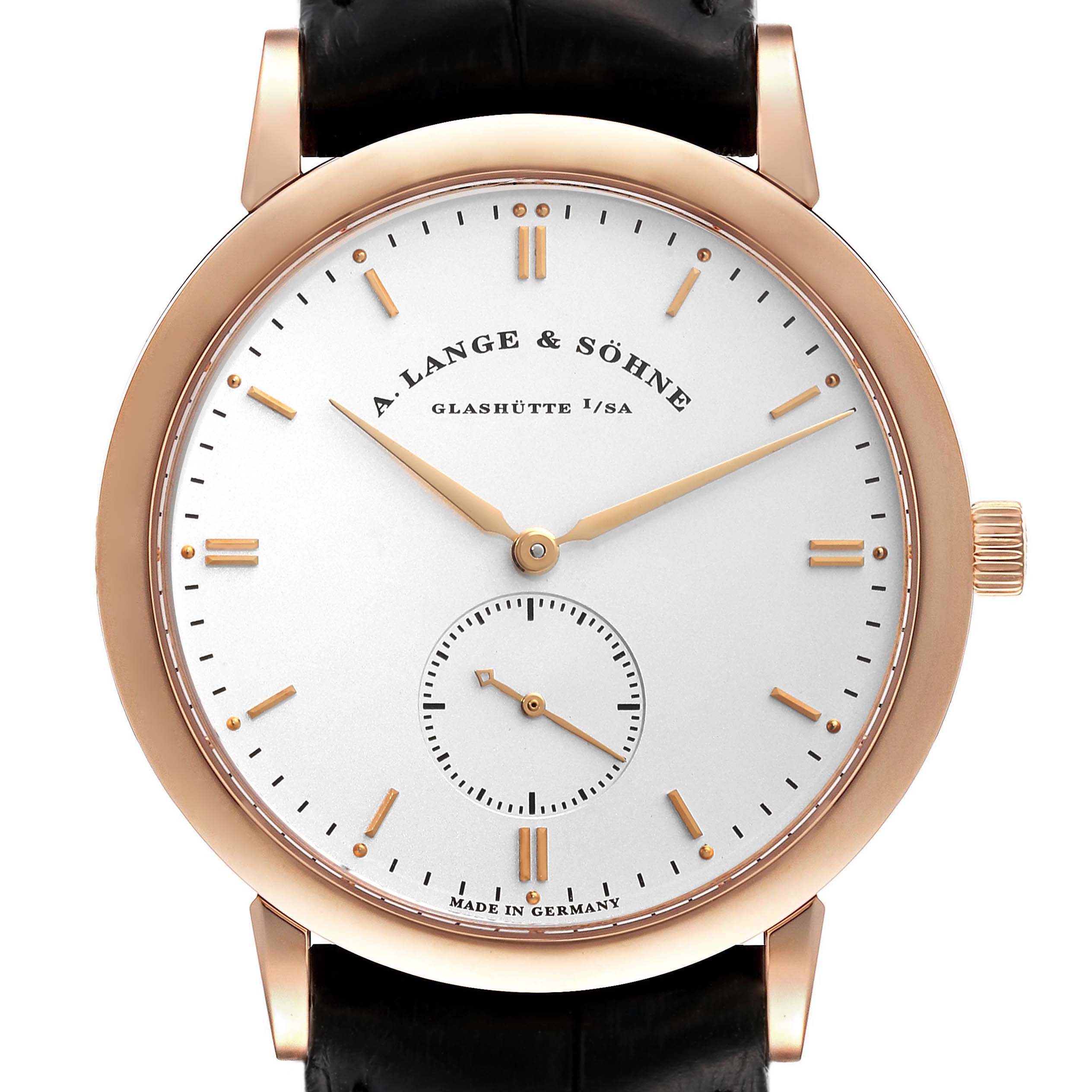 The watch is a Saxonia model by A. Lange & Söhne, shown from the front displaying the dial and leather strap.