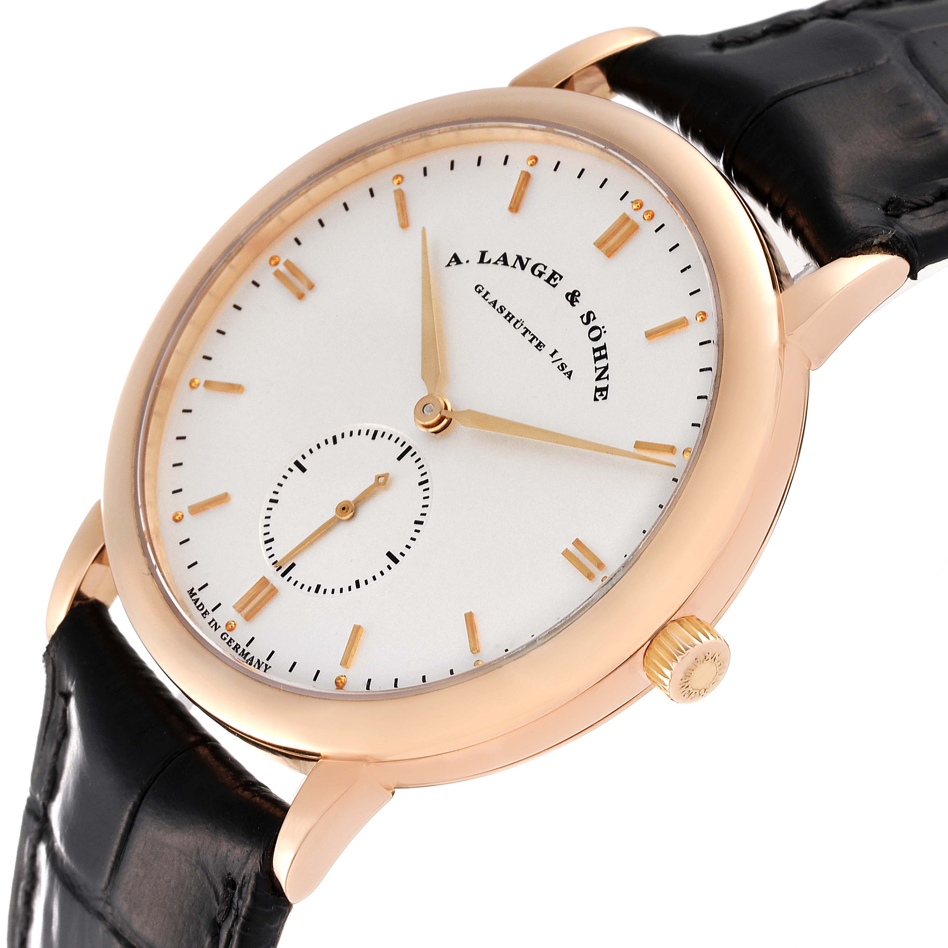 The image shows the front and side angle of an A. Lange & Sohne Saxonia 215.032 Men's Rose Gold Silver Dial watch, emphasizing its dial, crown, and leather strap.