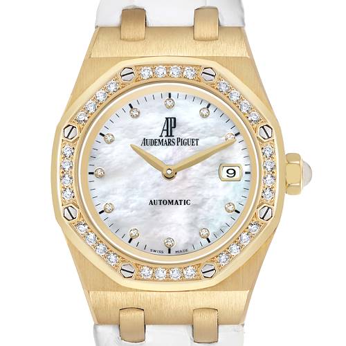 The image shows a front view of the Audemars Piguet Royal Oak 77321 Women's Yellow Gold Mother of Pearl Dial, displaying its bezel, dial, hands, and date feature.