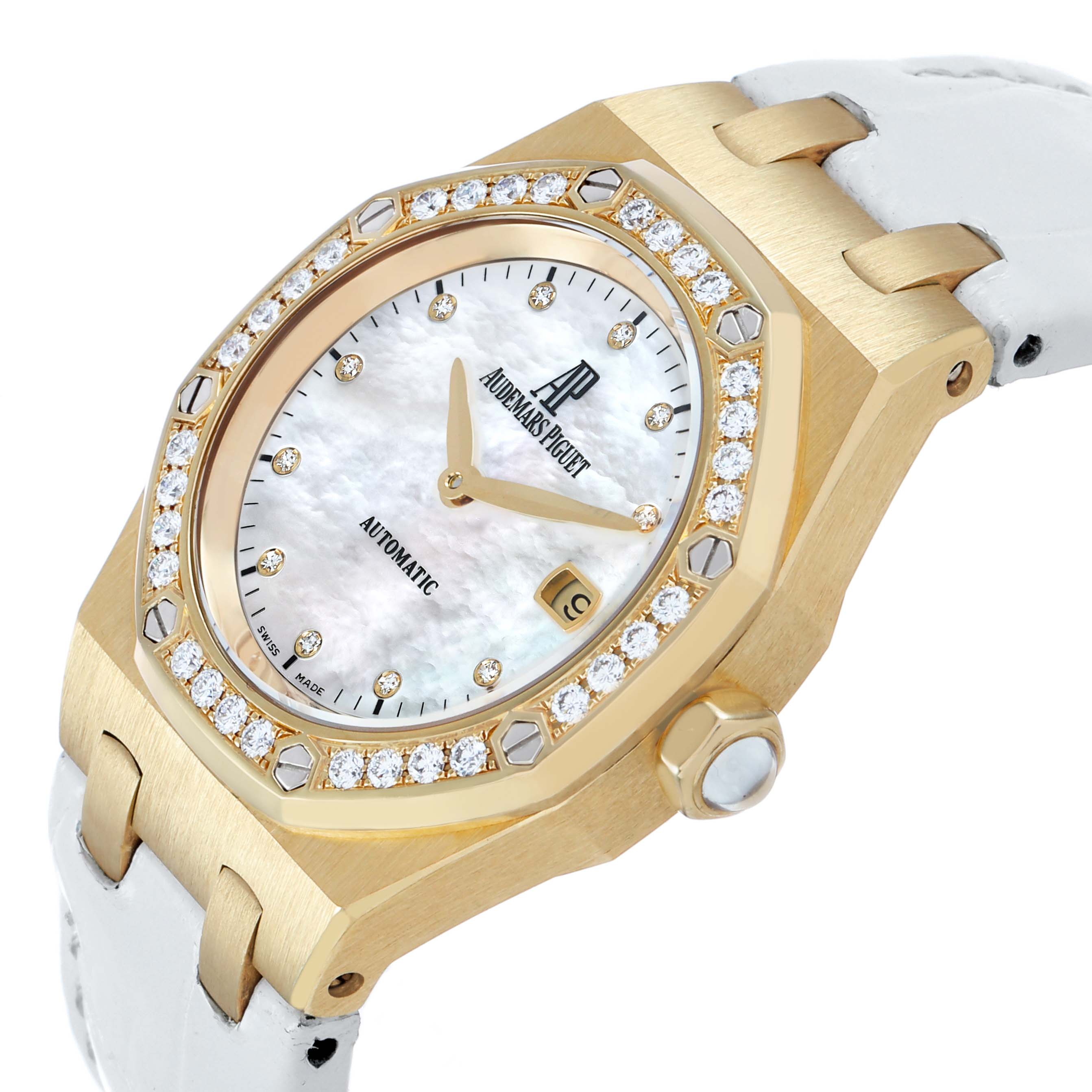 The Audemars Piguet Royal Oak 77321 Women's Yellow Gold Mother of Pearl Dial model is shown at an angle displaying the bezel, crown, dial, and part of the strap.