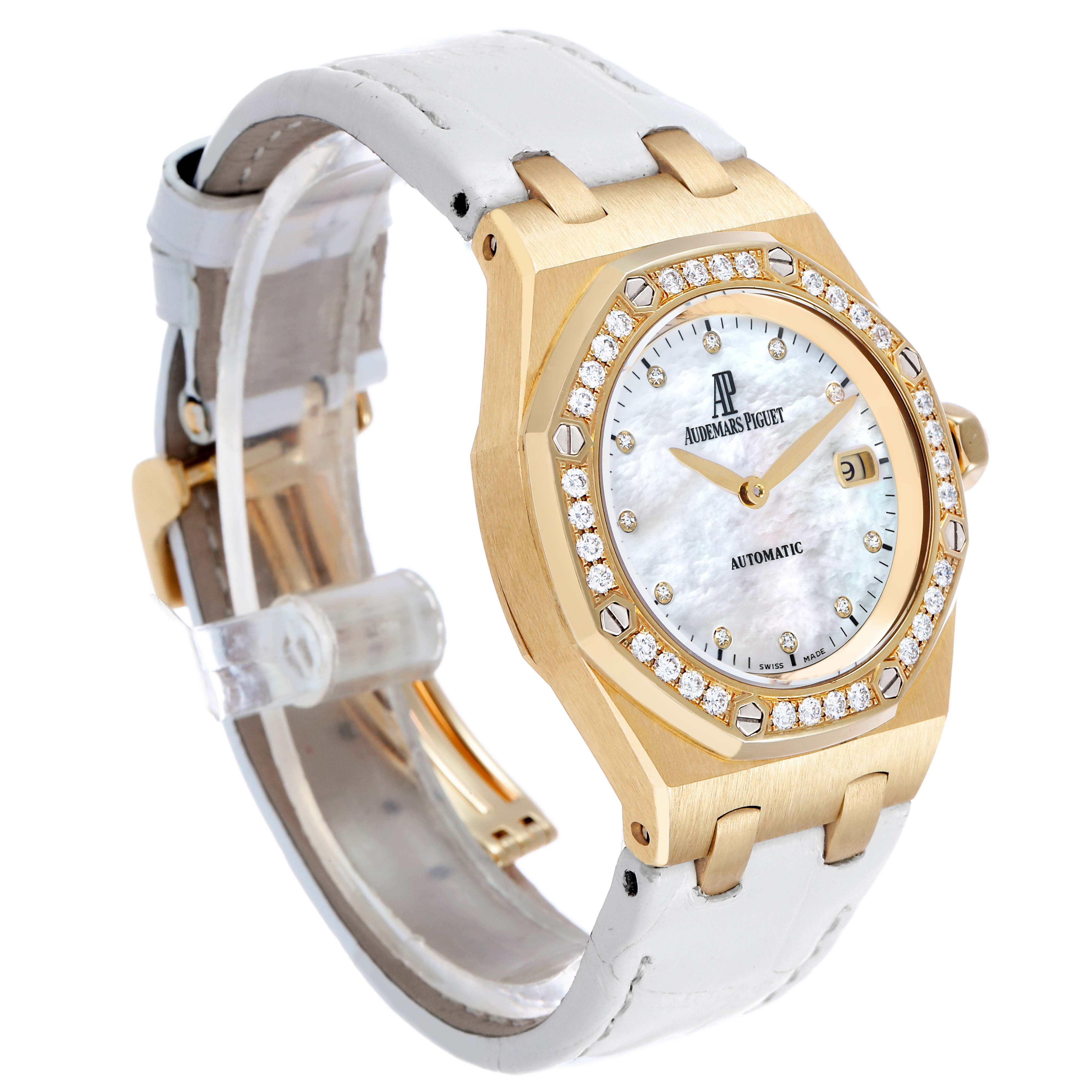 The Audemars Piguet Royal Oak 77321 Women's Yellow Gold Mother of Pearl Dial watch is shown at a three-quarter angle, highlighting the face, bezel, and part of the band.