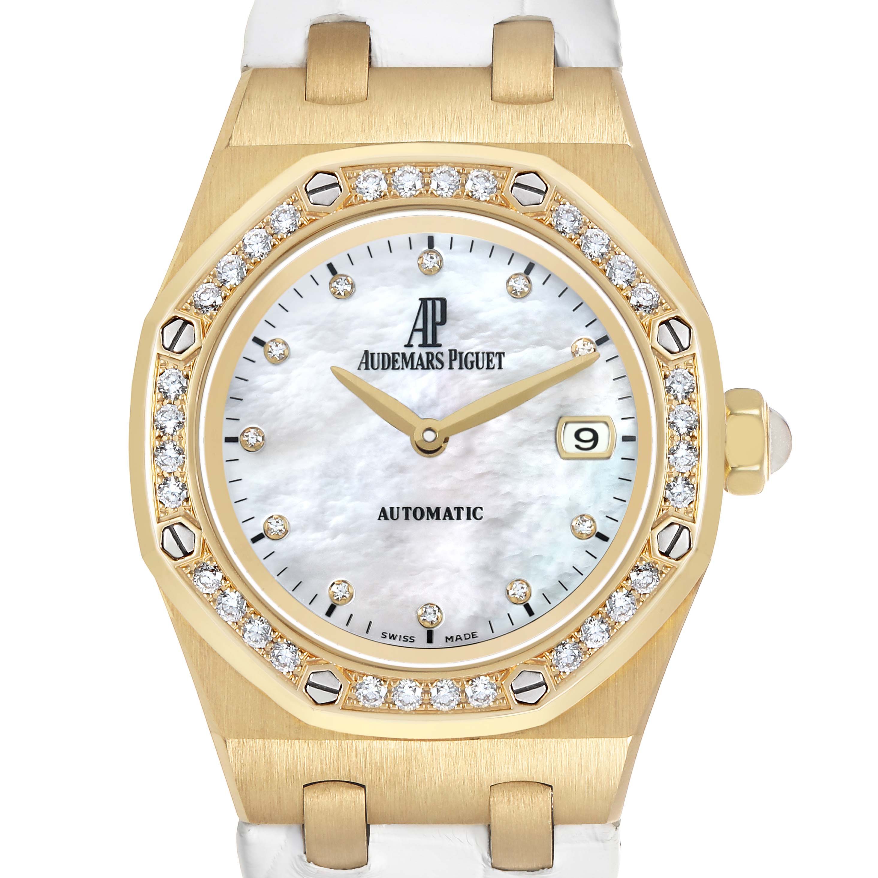 The image shows a front view of the Audemars Piguet Royal Oak 77321 Women's Yellow Gold Mother of Pearl Dial watch, highlighting the diamond-encrusted bezel and mother-of-pearl dial.