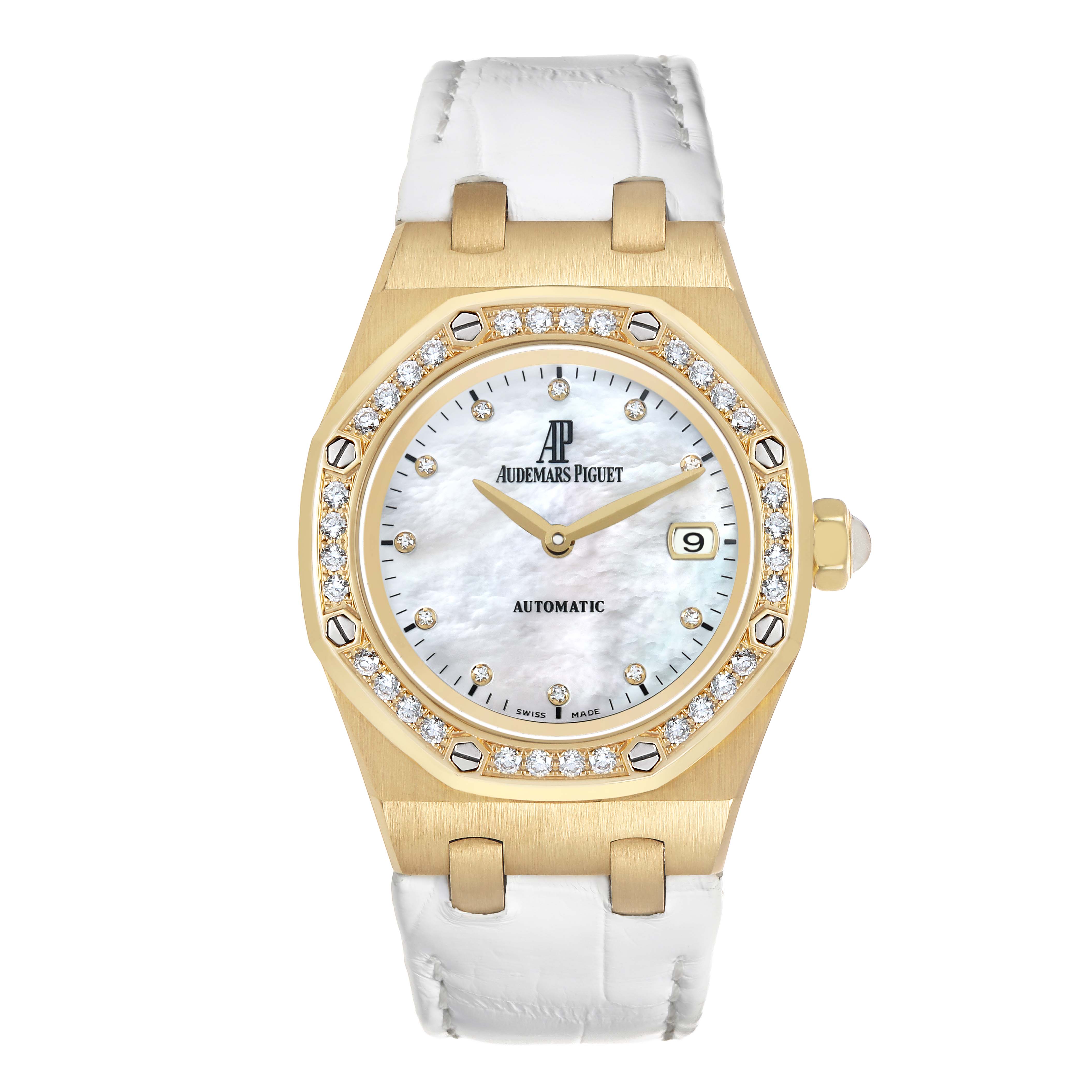 The Audemars Piguet Royal Oak 77321 Women's Yellow Gold Mother of Pearl Dial watch is shown from the front, highlighting its dial, diamond bezel, and white strap.