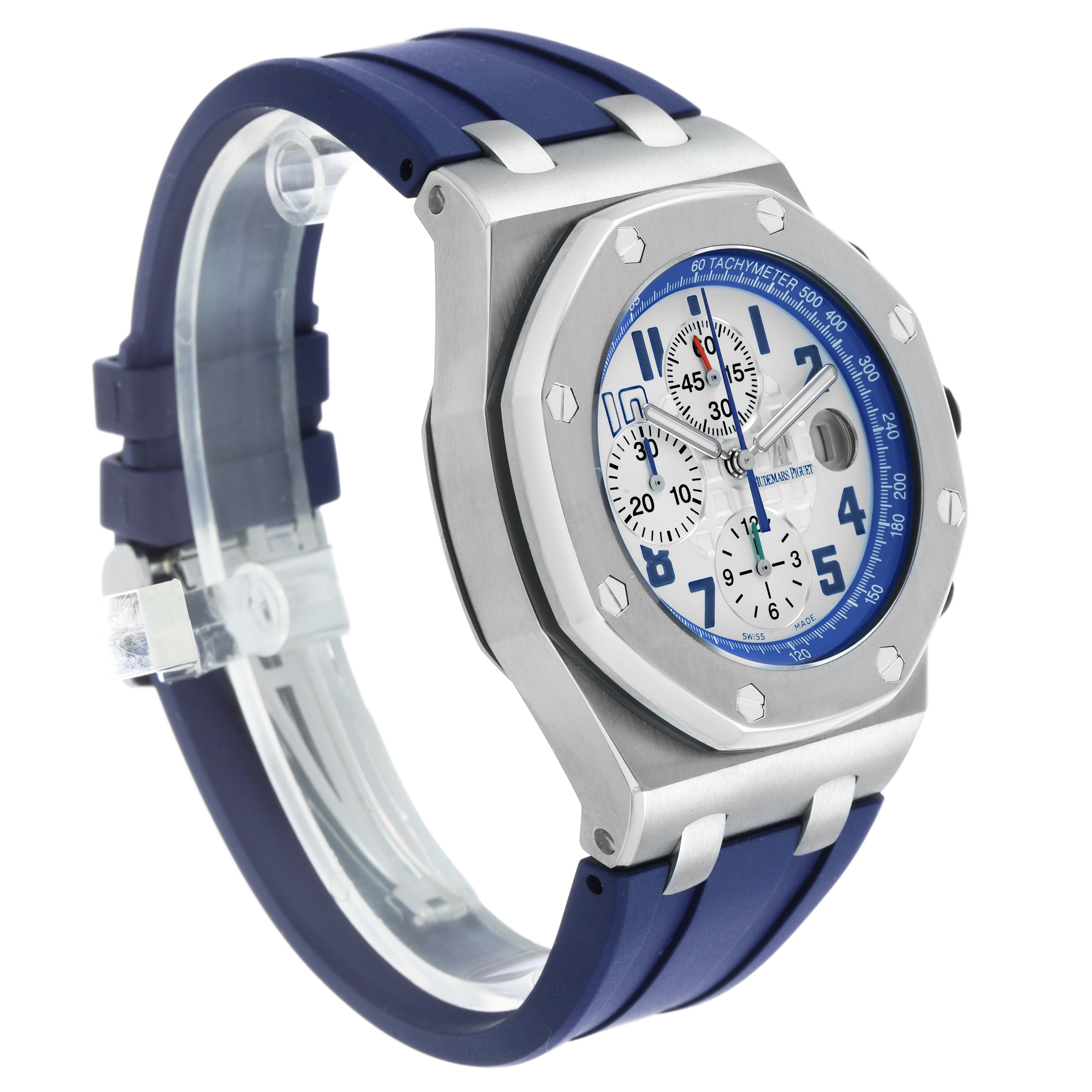 The Audemars Piguet Royal Oak Offshore 26182ST Men's Stainless Steel White Dial watch is shown at a three-quarter angle, highlighting its face, bezel, and rubber strap.