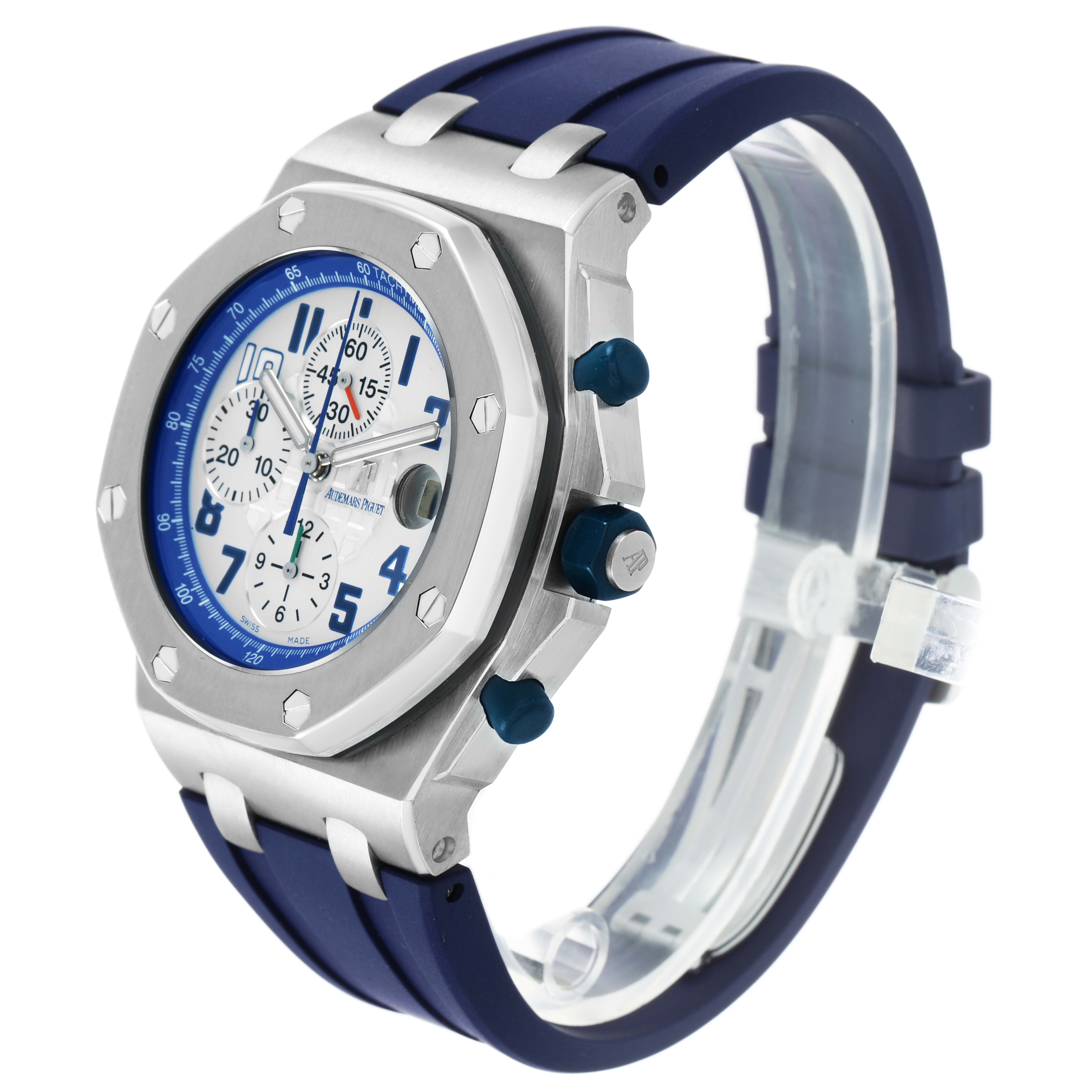 The Audemars Piguet Royal Oak Offshore 26182ST Men's Stainless Steel White Dial watch is shown at a three-quarter angle, displaying the dial, bezel, and rubber strap.