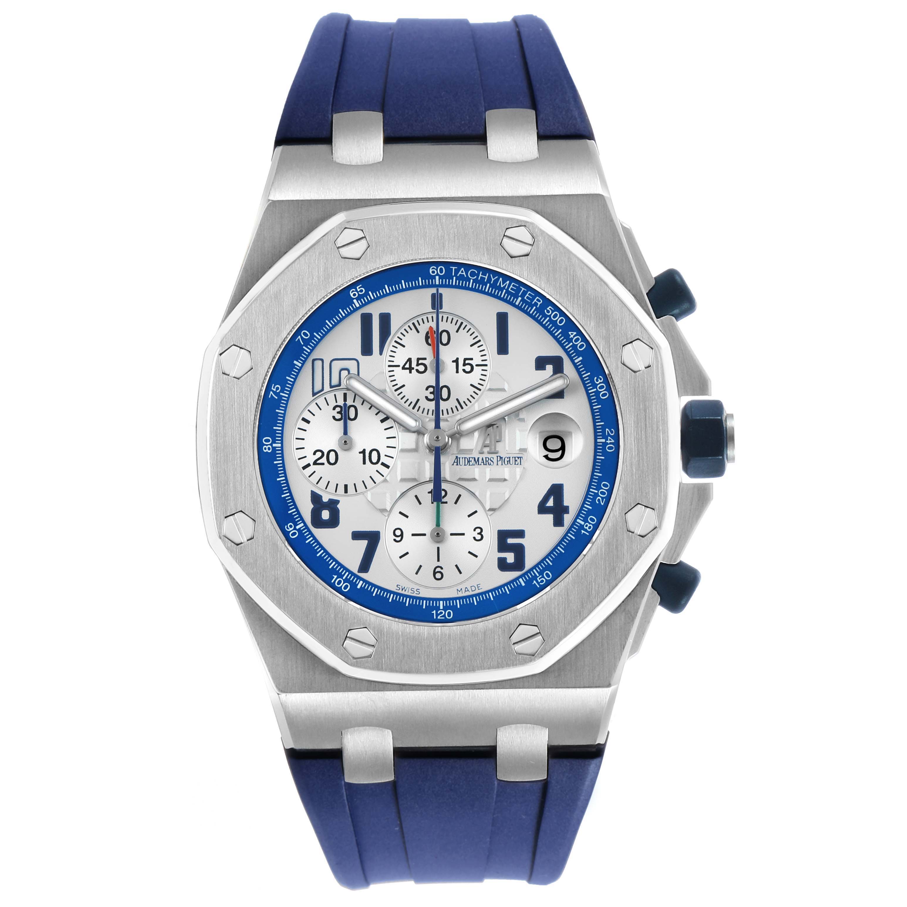The watch is shown from a front angle, highlighting the dial, bezel, strap, and pushers of the Audemars Piguet Royal Oak Offshore 26182ST Men's Stainless Steel White Dial.