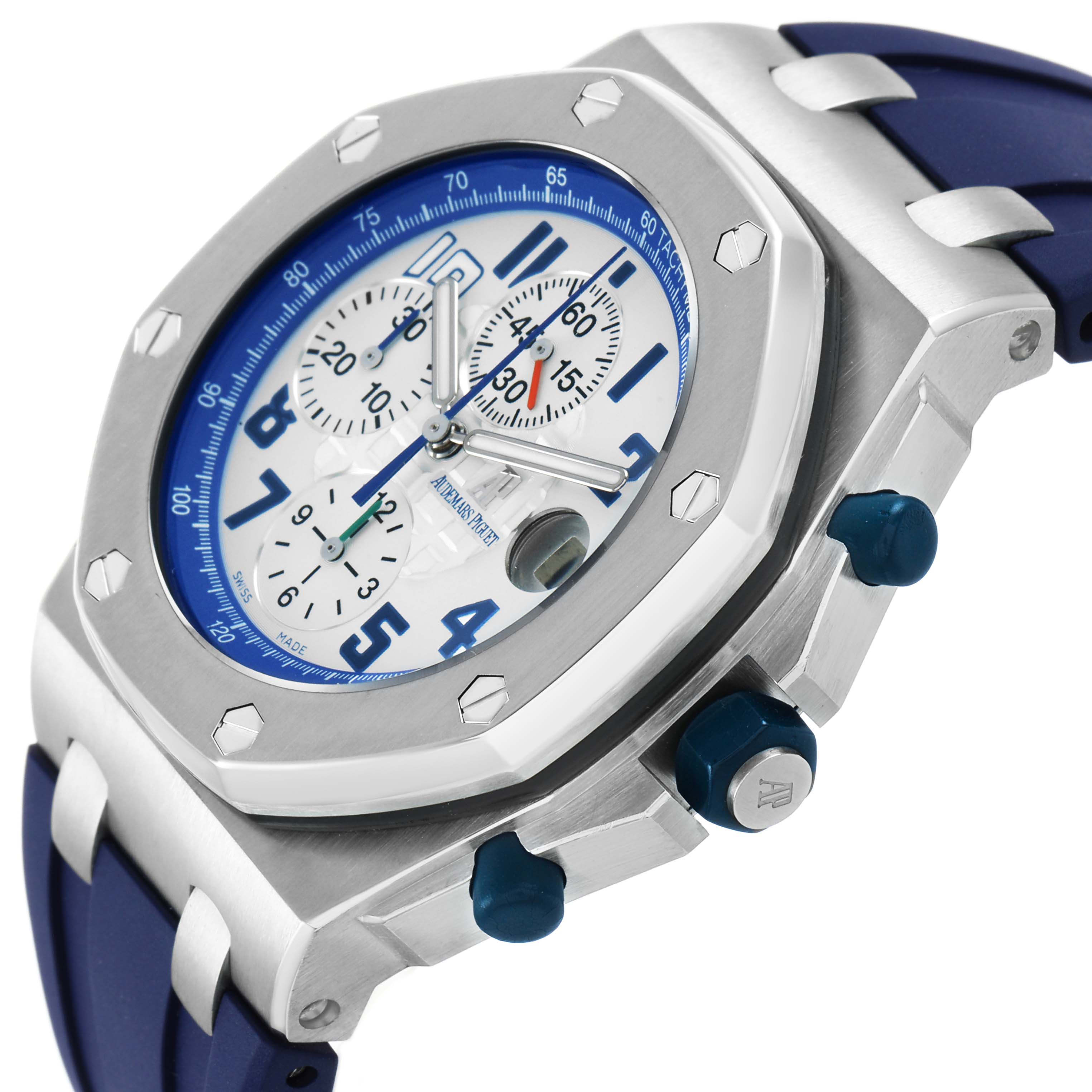 The Audemars Piguet Royal Oak Offshore 26182ST Men's Stainless Steel White Dial model is shown at an angle emphasizing the bezel, crown, pushers, and strap.