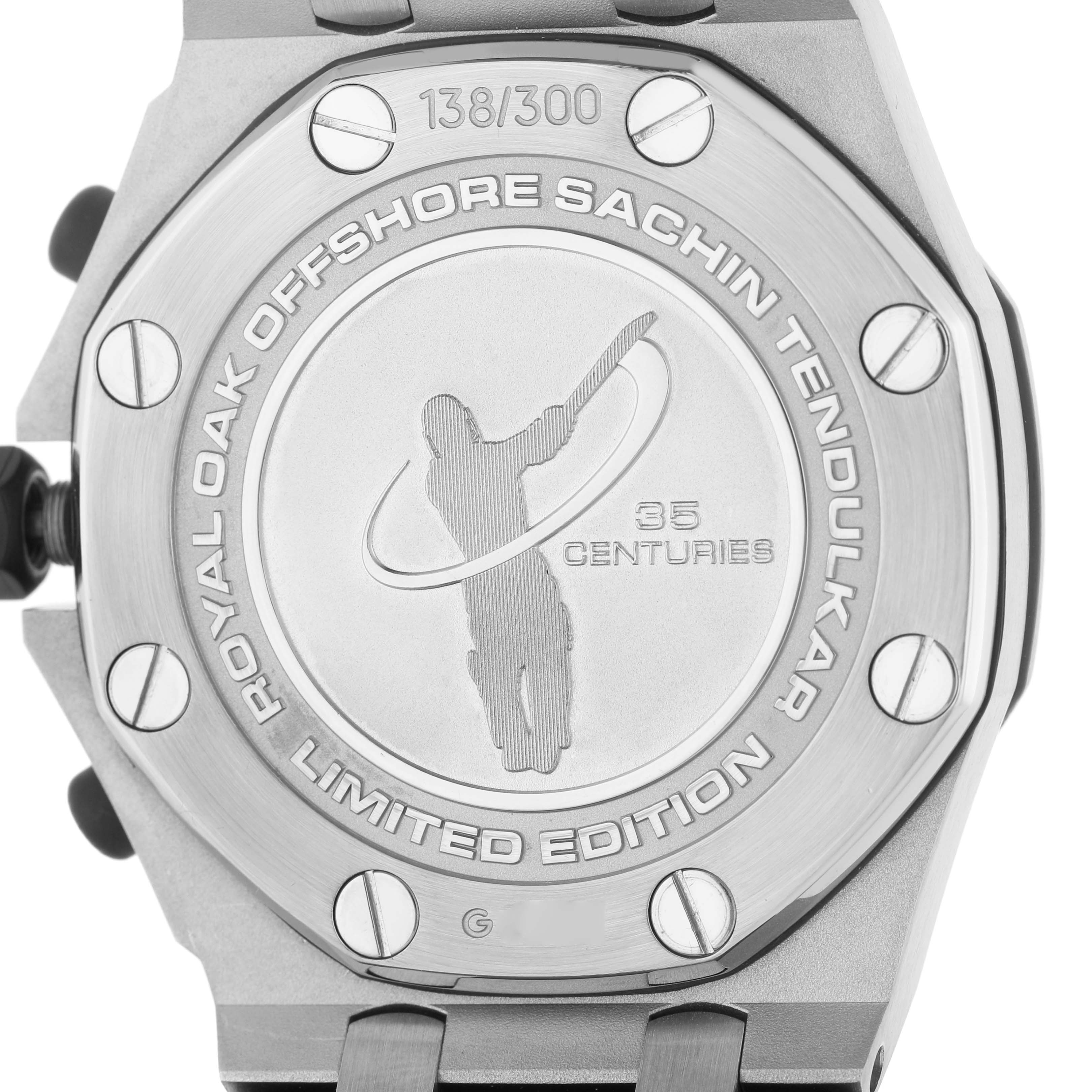 The image shows the case back of the Audemars Piguet Royal Oak Offshore 26182ST Men's Stainless Steel White Dial, featuring engraving and limited edition details.