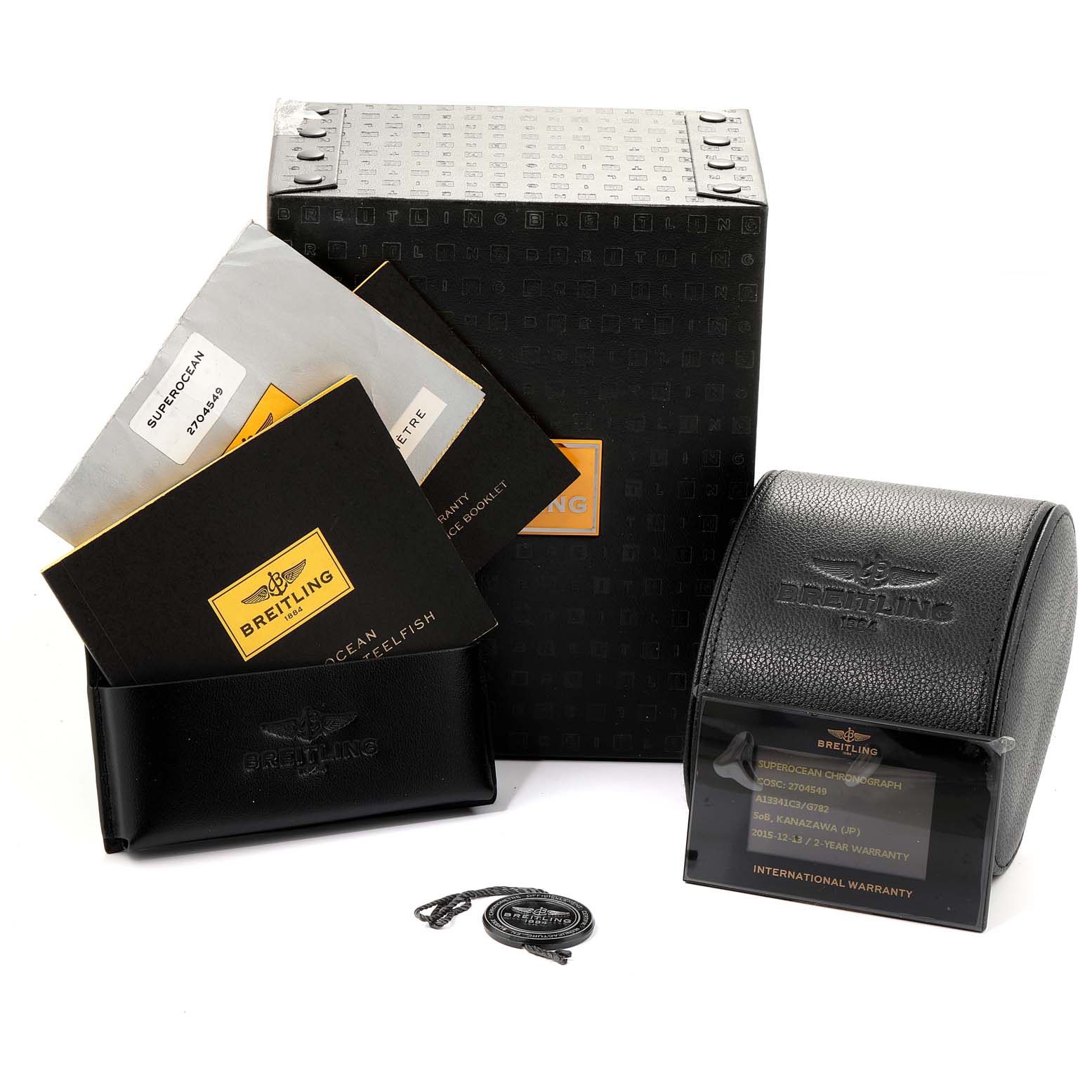 The image shows packaging, booklets, warranty card, and a carrying case for the Breitling Superocean A13341C3/BD19 Men's Stainless Steel White Dial A13341C3/BD19 Men's Stainless Steel White Dial watch.