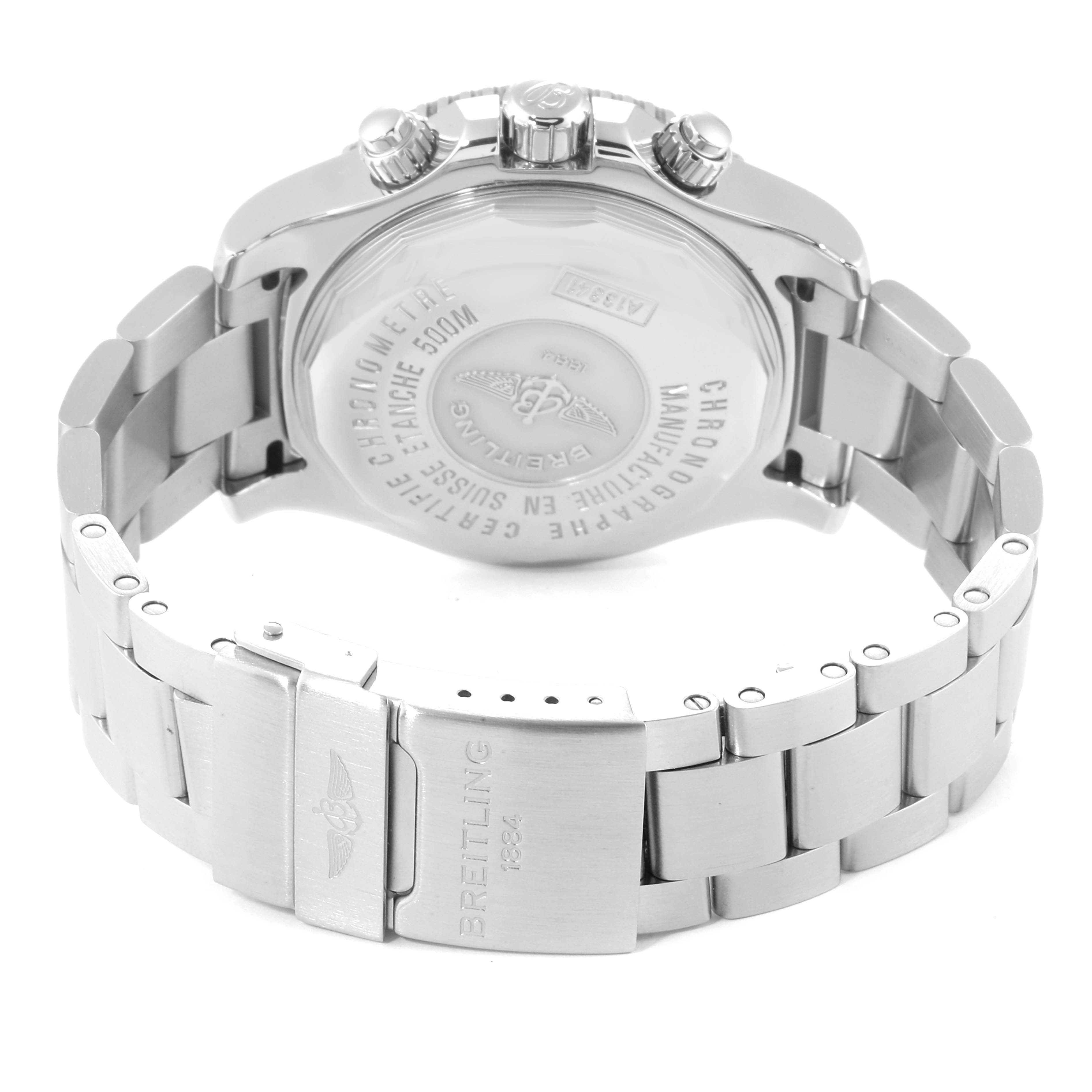 The image shows the back of a Breitling Superocean A13341C3/BD19 Men's Stainless Steel White Dial A13341C3/BD19 Men's Stainless Steel White Dial watch, highlighting its case back, crown, pushers, and metal bracelet.