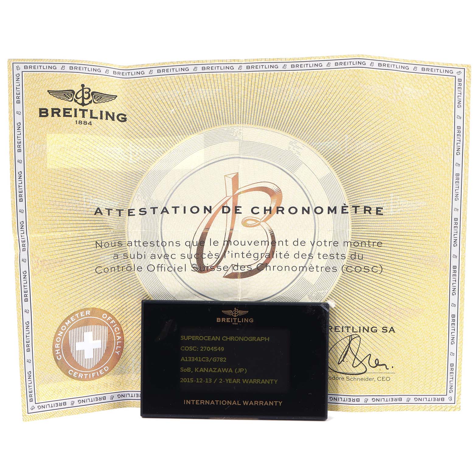 The image shows the Breitling Superocean A13341C3/BD19 Men's Stainless Steel White Dial A13341C3/BD19 Men's Stainless Steel White Dial Chronograph's attestation de chronomètre certificate and international warranty card.