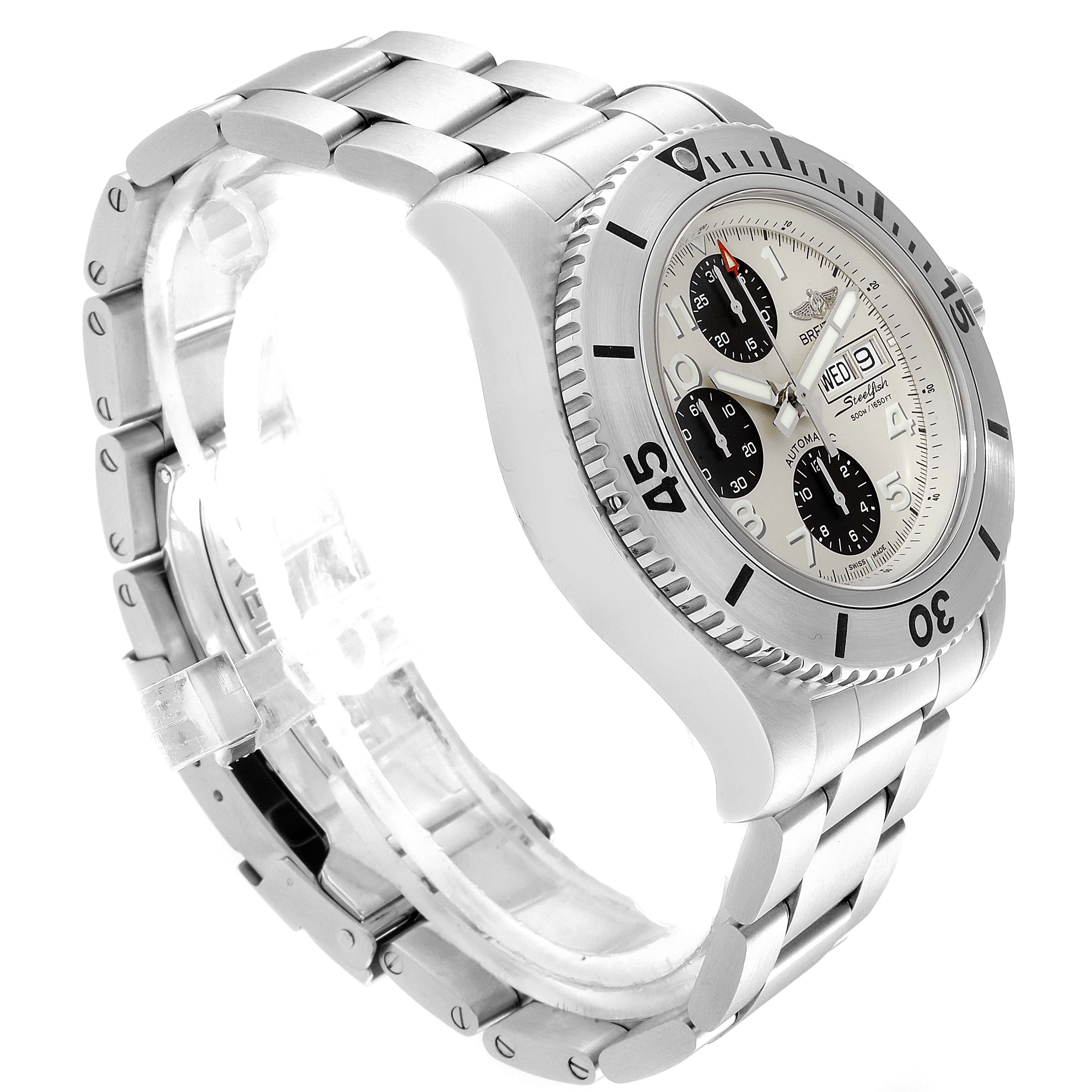 The Breitling Superocean A13341C3/BD19 Men's Stainless Steel White Dial A13341C3/BD19 Men's Stainless Steel White Dial watch is shown at a three-quarter angle, highlighting the face, bezel, and stainless steel bracelet.