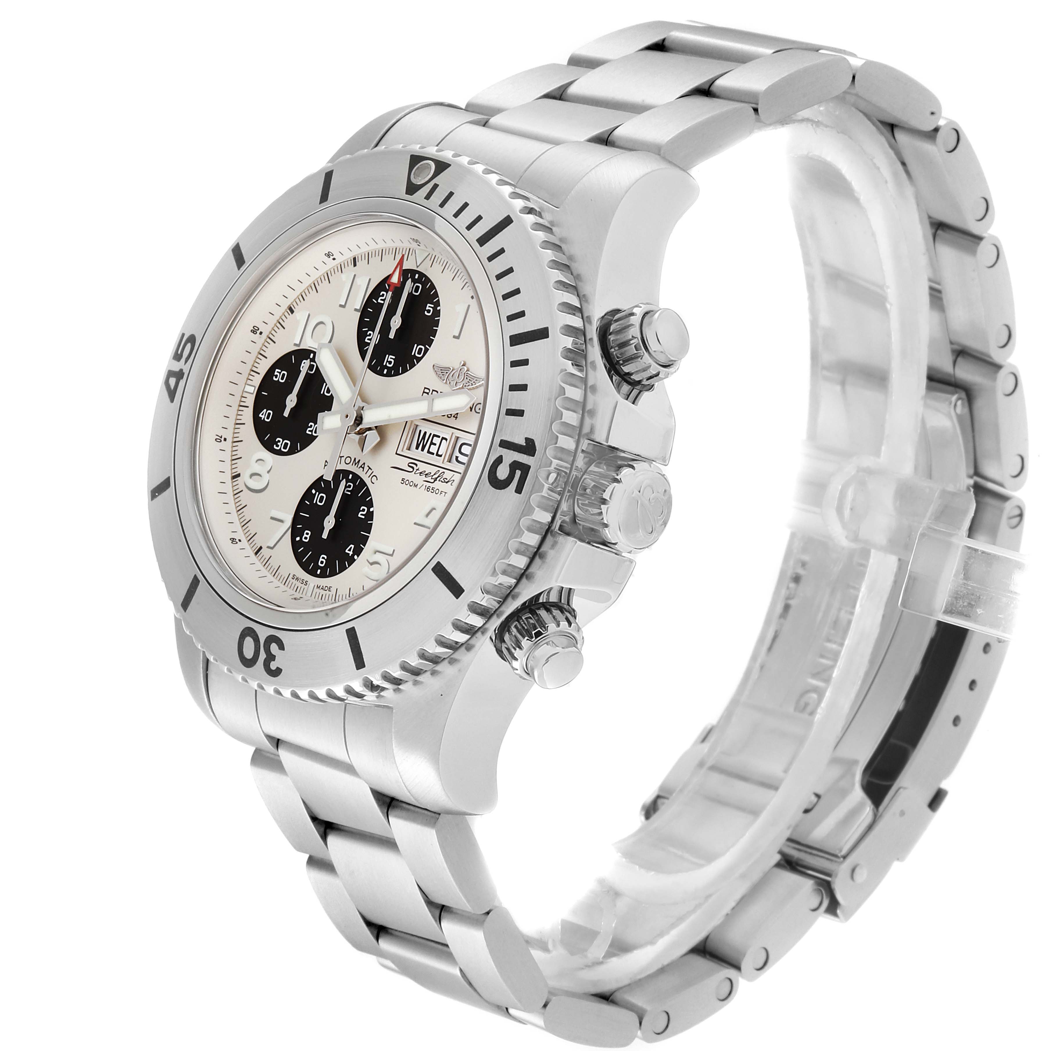 The Breitling Superocean A13341C3/BD19 Men's Stainless Steel White Dial A13341C3/BD19 Men's Stainless Steel White Dial watch is shown at a three-quarter angle, highlighting the dial, bezel, and stainless steel bracelet.