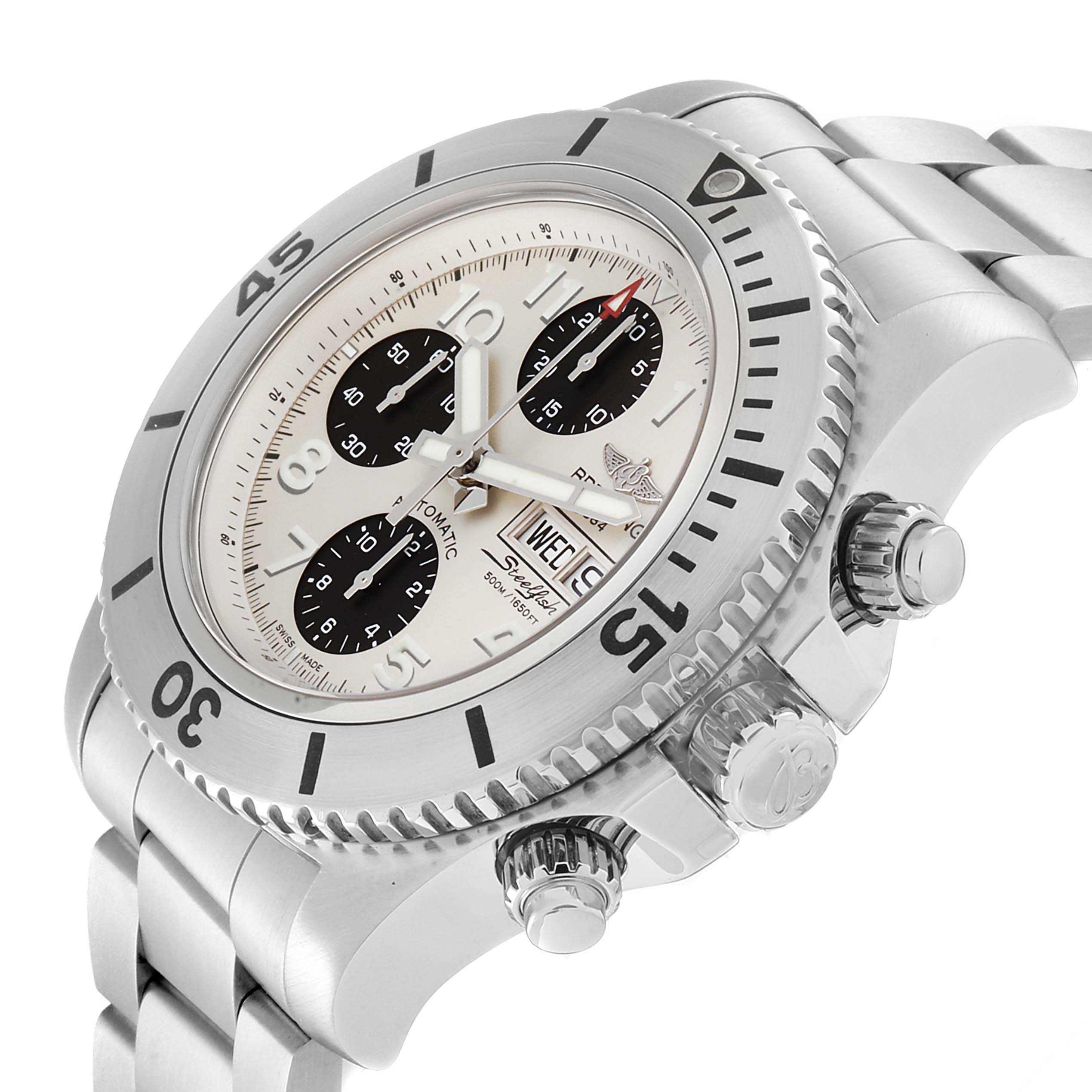 The Breitling Superocean A13341C3/BD19 Men's Stainless Steel White Dial A13341C3/BD19 Men's Stainless Steel White Dial watch is shown at an angled side view, highlighting the bezel, face, chronograph, and crown.