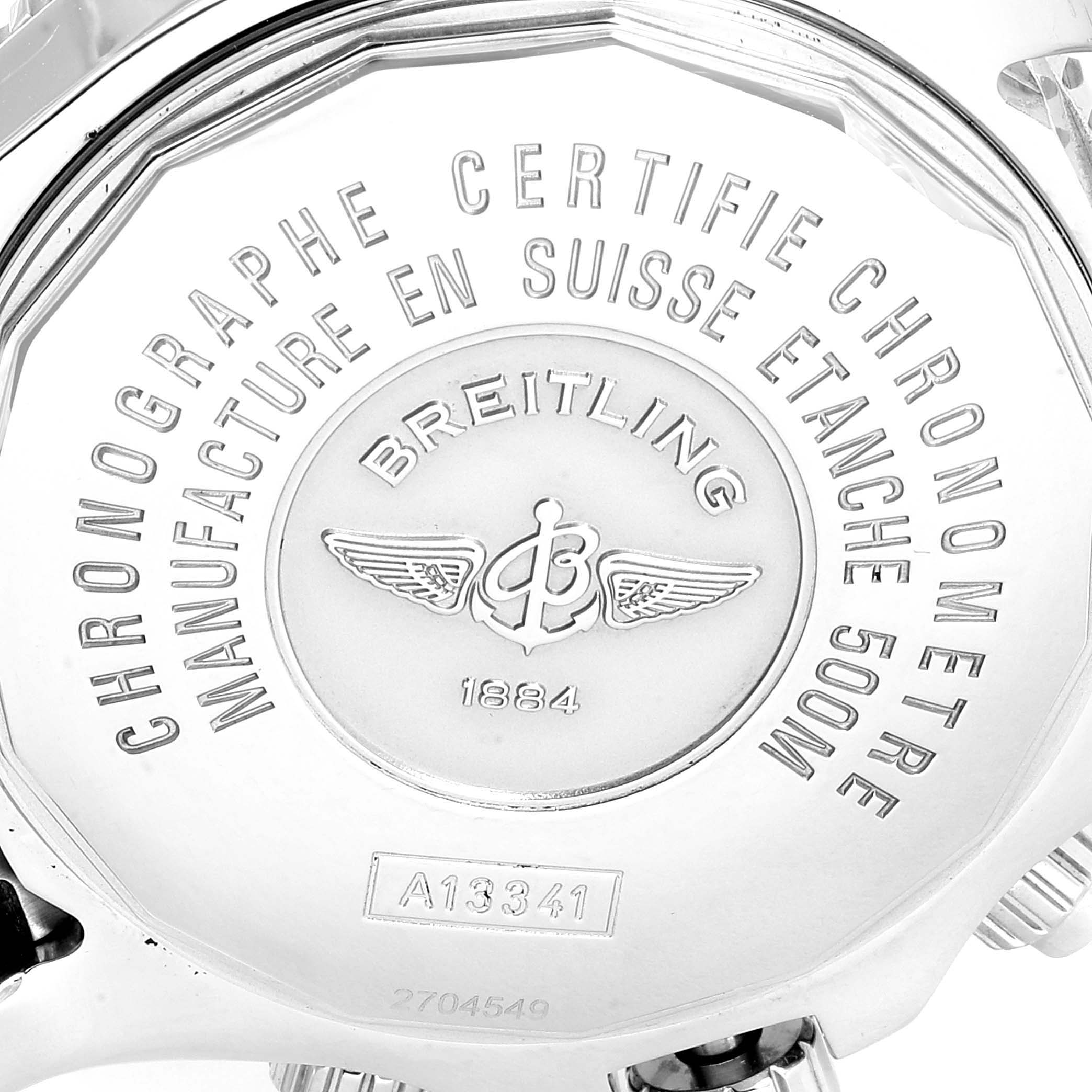 The image shows the case back of a Breitling Superocean A13341C3/BD19 Men's Stainless Steel White Dial A13341C3/BD19 Men's Stainless Steel White Dial watch, highlighting the model number and brand engravings.