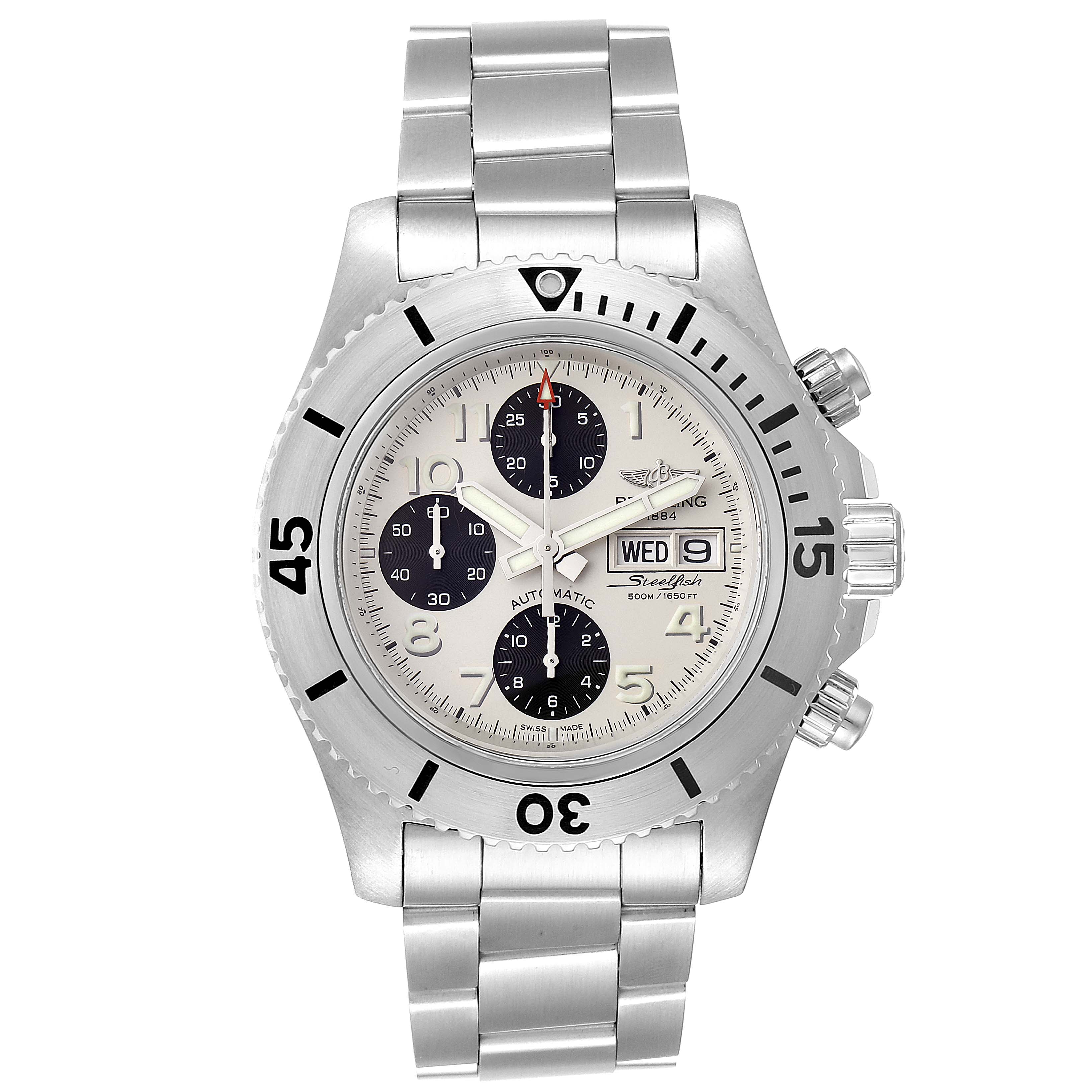 The image shows a front view of the Breitling Superocean A13341C3/BD19 Men's Stainless Steel White Dial A13341C3/BD19 Men's Stainless Steel White Dial watch, highlighting the dial, bezel, bracelet, and crown.