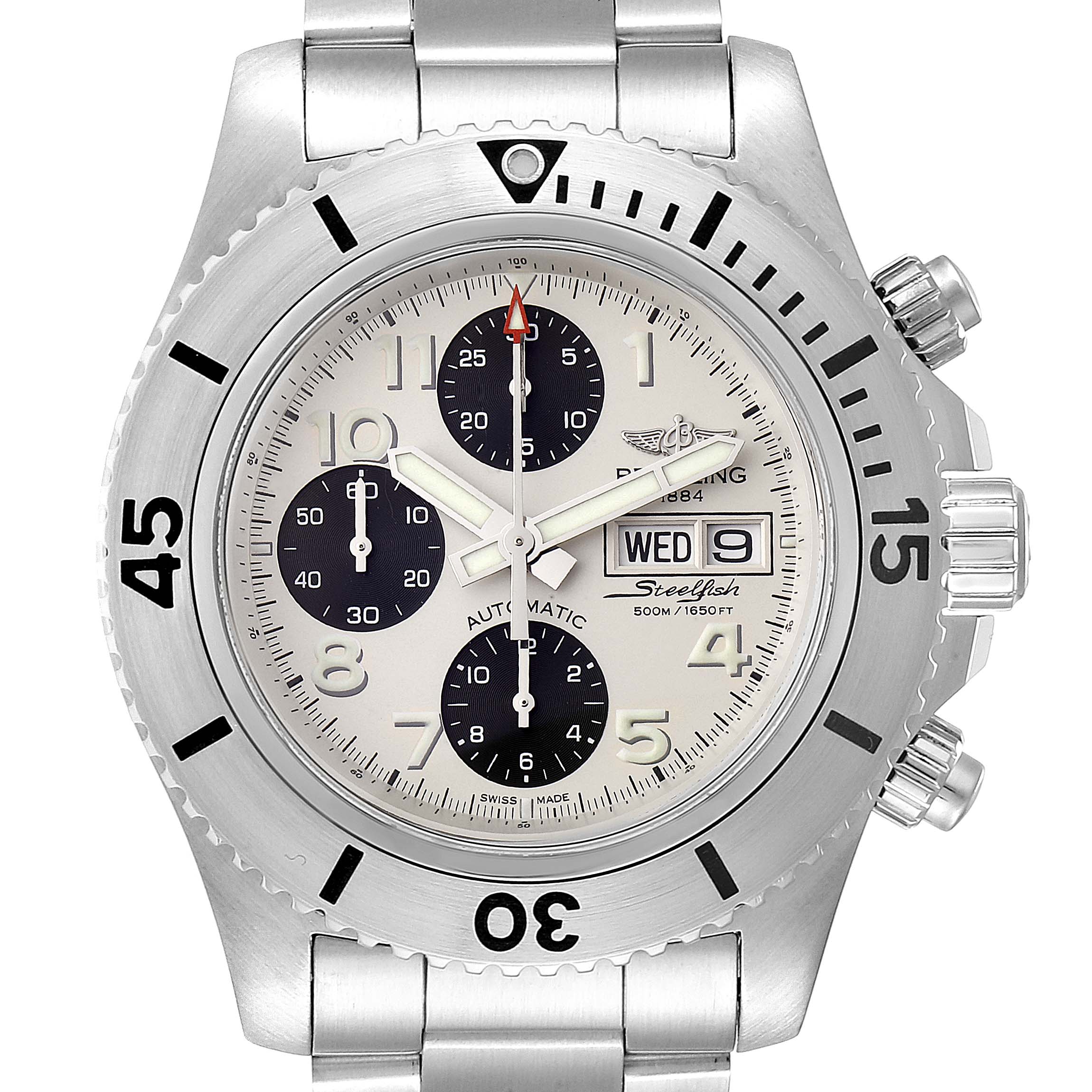This image shows a front view of the Breitling Superocean A13341C3/BD19 Men's Stainless Steel White Dial A13341C3/BD19 Men's Stainless Steel White Dial watch, focusing on the dial, bezel, and bracelet.