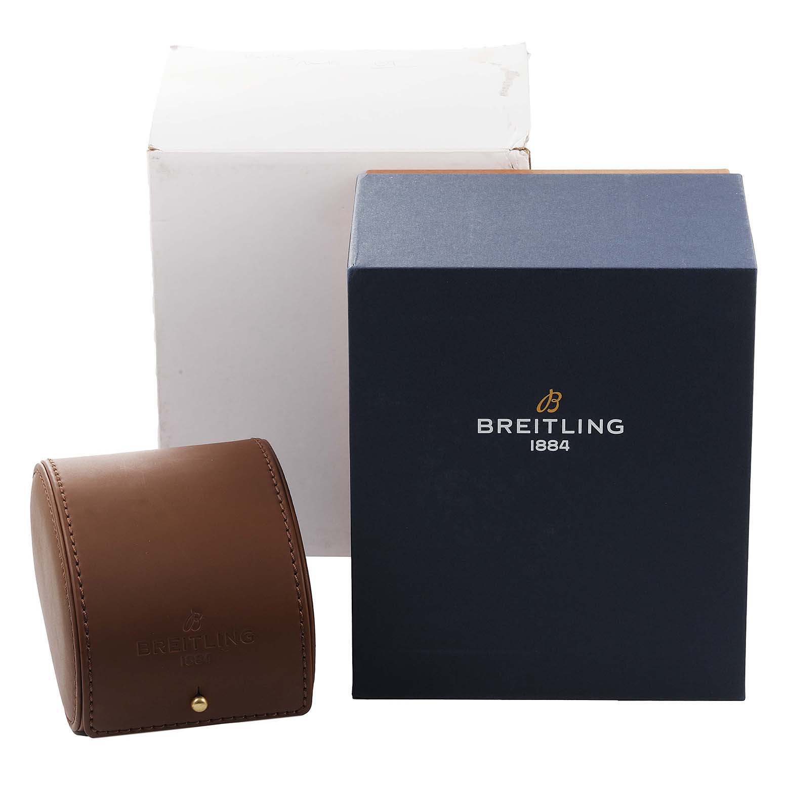 The image shows the packaging for a Breitling Bentley P19362 Men's Stainless Steel Mother of Pearl Dial P19362 Men's Stainless Steel Mother of Pearl Dial model watch, including a blue box, a white box, and a brown leather case.