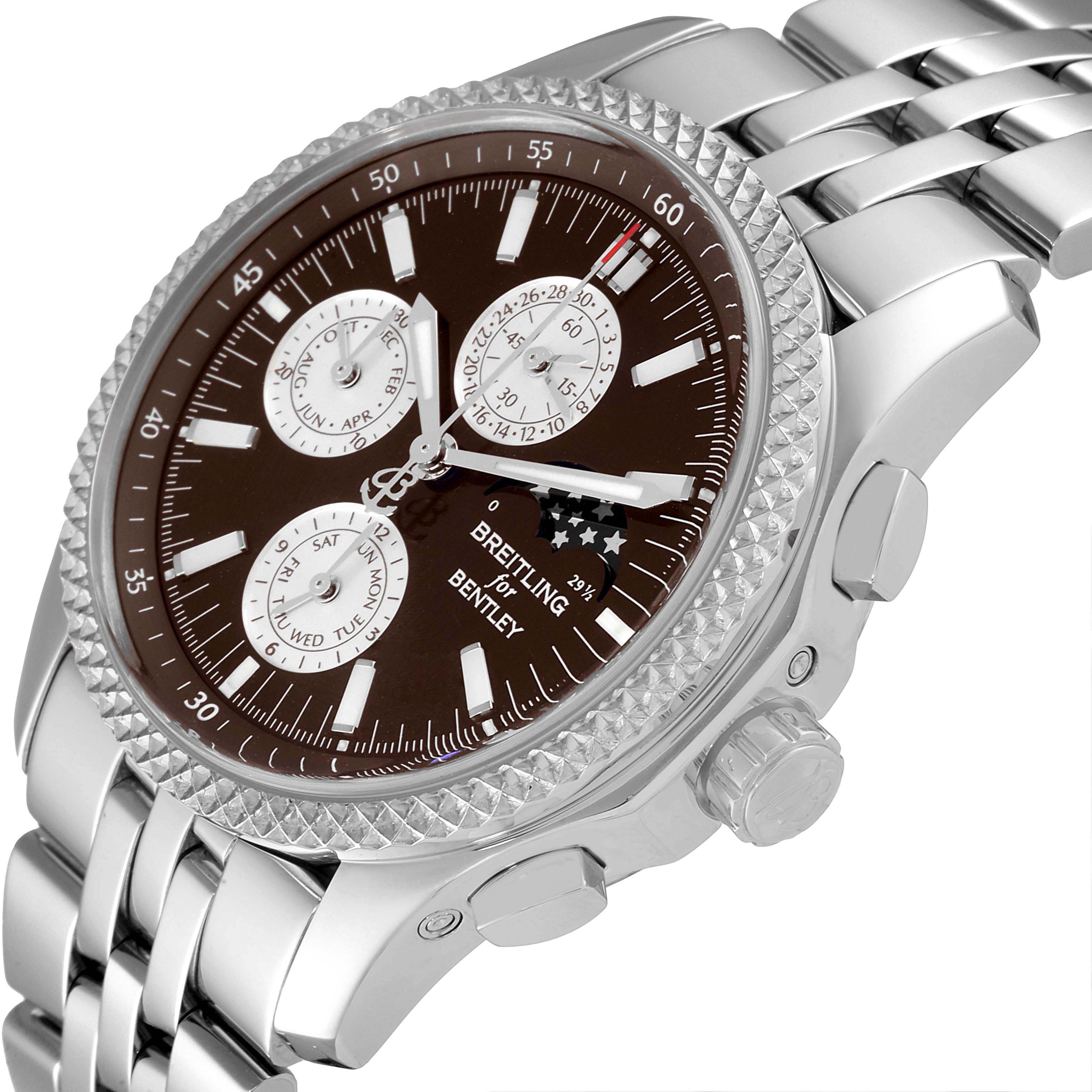 The Breitling Bentley P19362 Men's Stainless Steel Mother of Pearl Dial P19362 Men's Stainless Steel Mother of Pearl Dial watch is shown from an angled view, highlighting its dial, bezel, and metal bracelet.