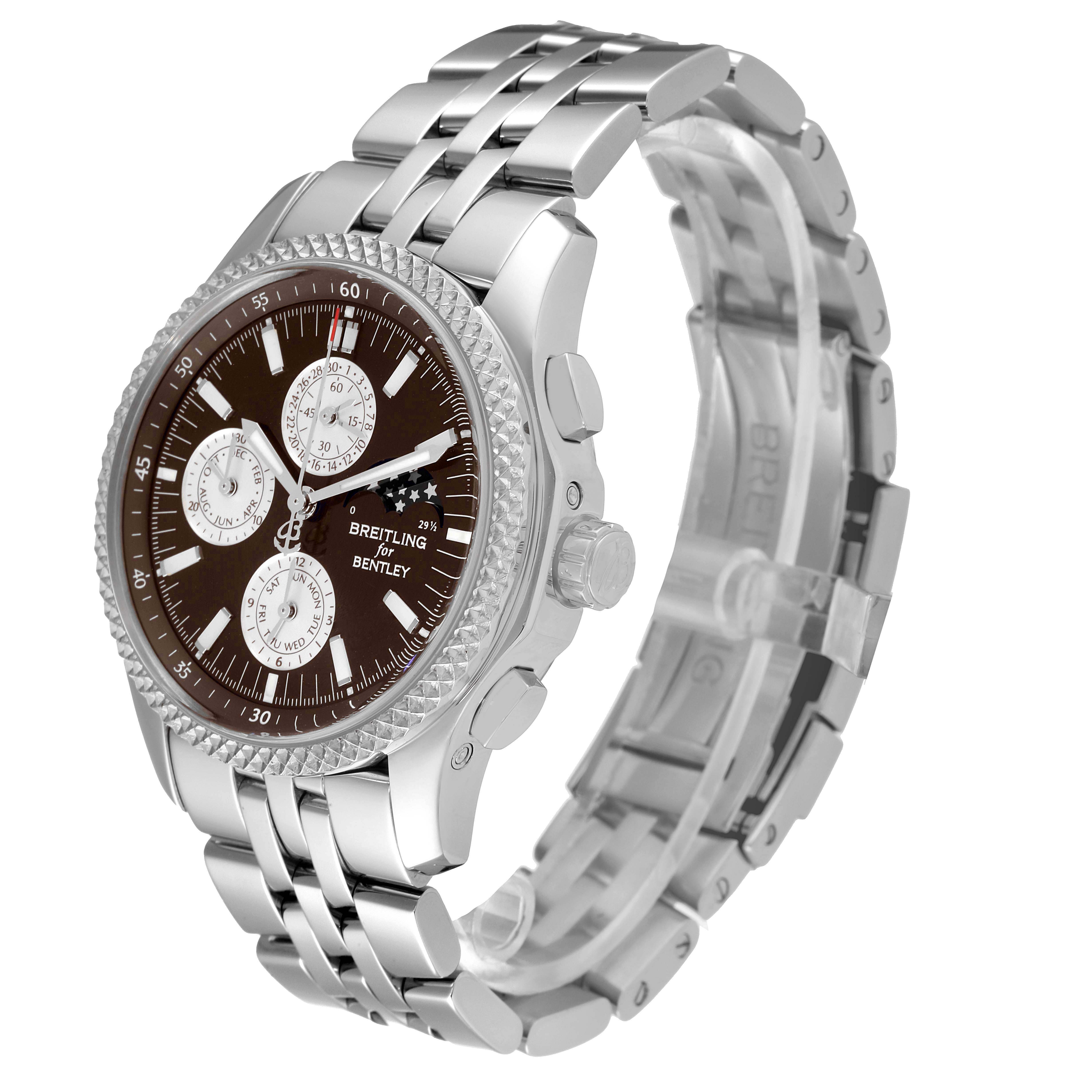 This image shows a Breitling Bentley P19362 Men's Stainless Steel Mother of Pearl Dial P19362 Men's Stainless Steel Mother of Pearl Dial model watch from an angled view, highlighting the bracelet, bezel, and dial.