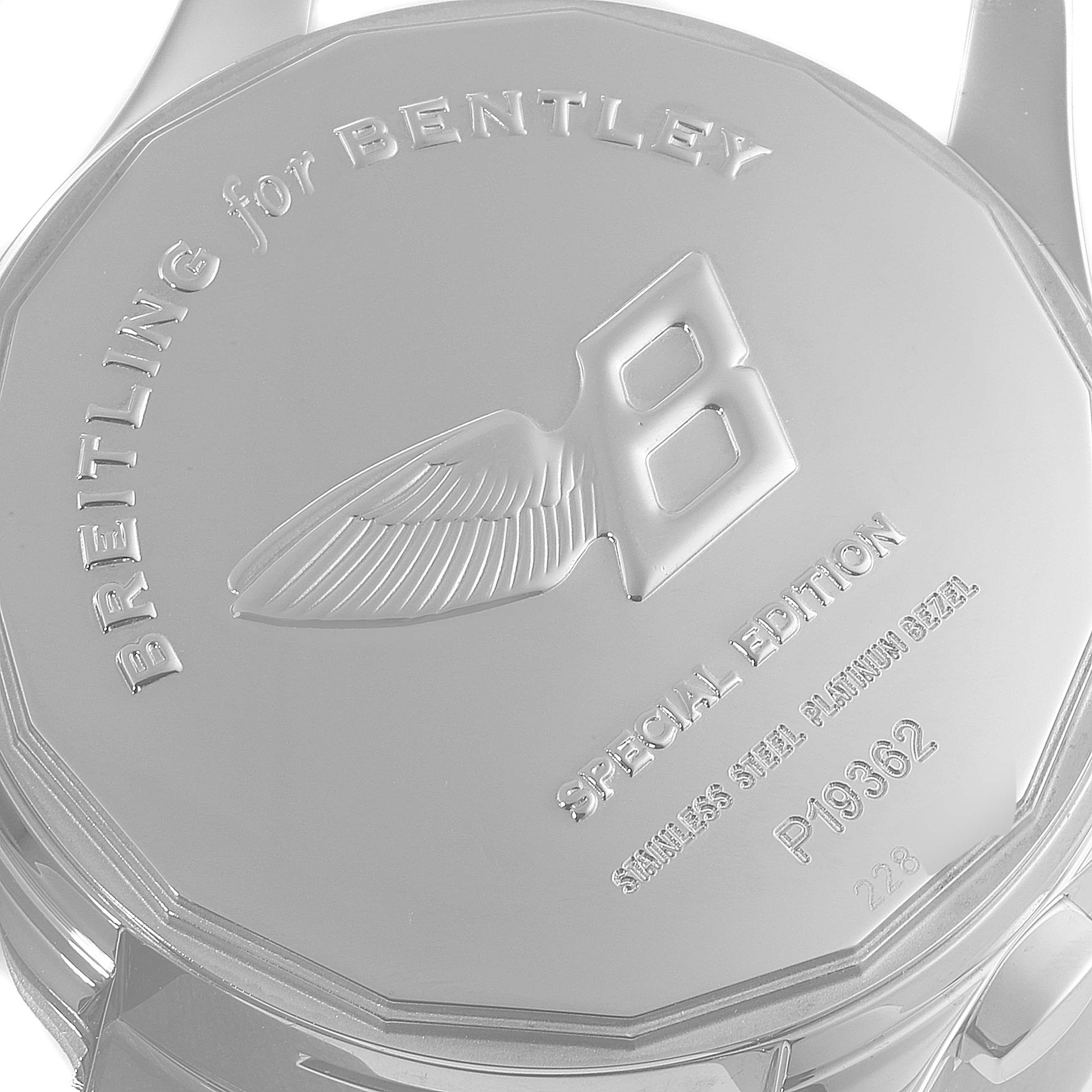 The image shows the back of a Breitling Bentley P19362 Men's Stainless Steel Mother of Pearl Dial P19362 Men's Stainless Steel Mother of Pearl Dial watch, highlighting the engraved "Breitling for Bentley" and other details.