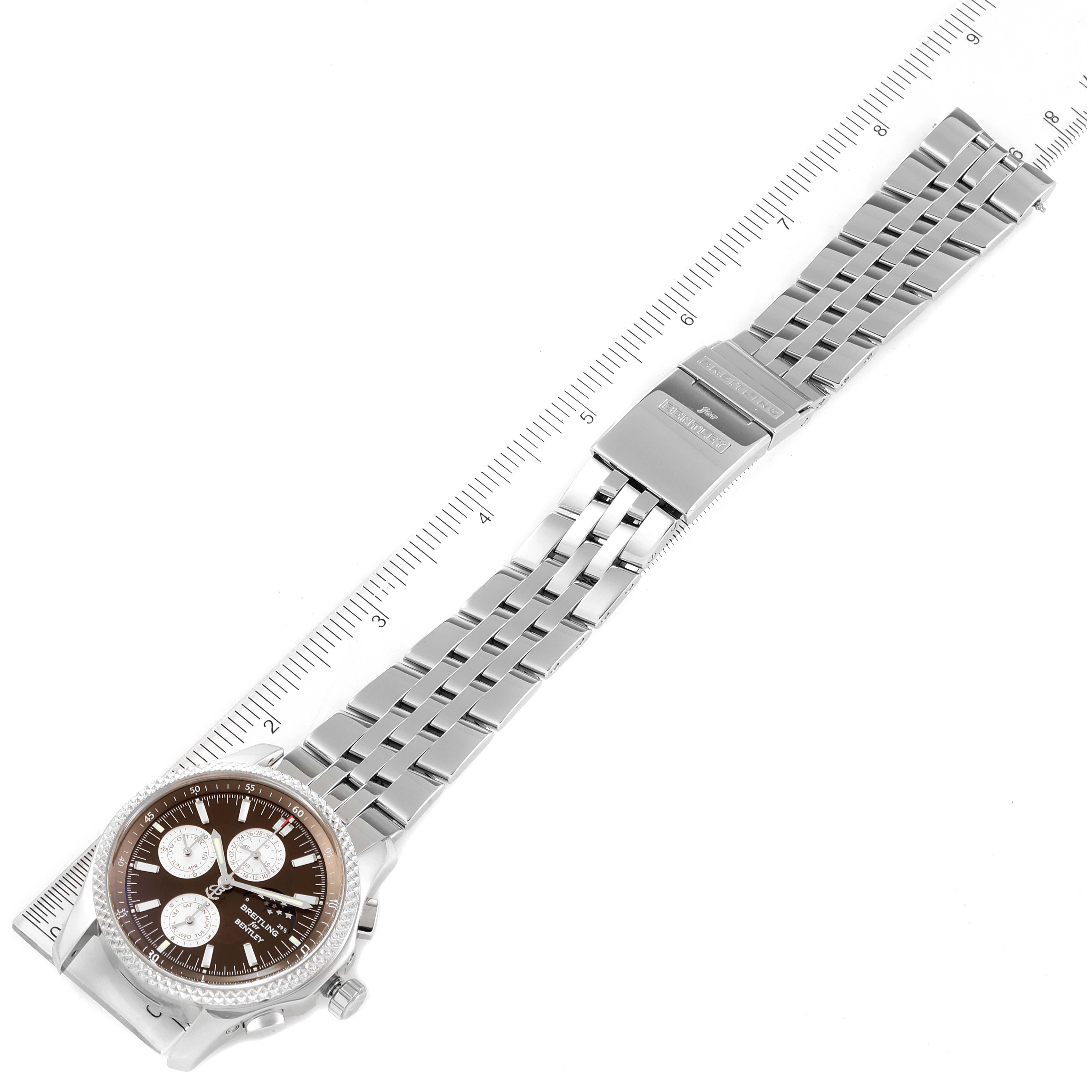 This image shows a top view of a Breitling Bentley P19362 Men's Stainless Steel Mother of Pearl Dial P19362 Men's Stainless Steel Mother of Pearl Dial watch, revealing the face, bezel, and metal bracelet with a clasp.