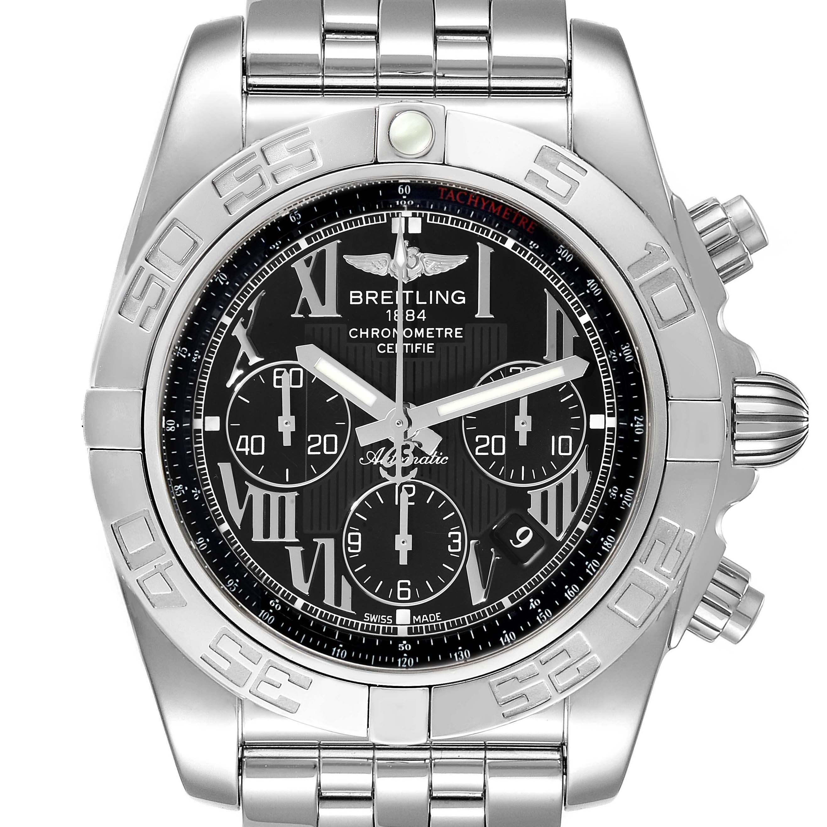 The Breitling Chronomat AB0110 Men's Stainless Steel Black Dial AB0110 Men's Stainless Steel Black Dial watch image shows a front view highlighting the dial, bezel, and stainless steel bracelet.