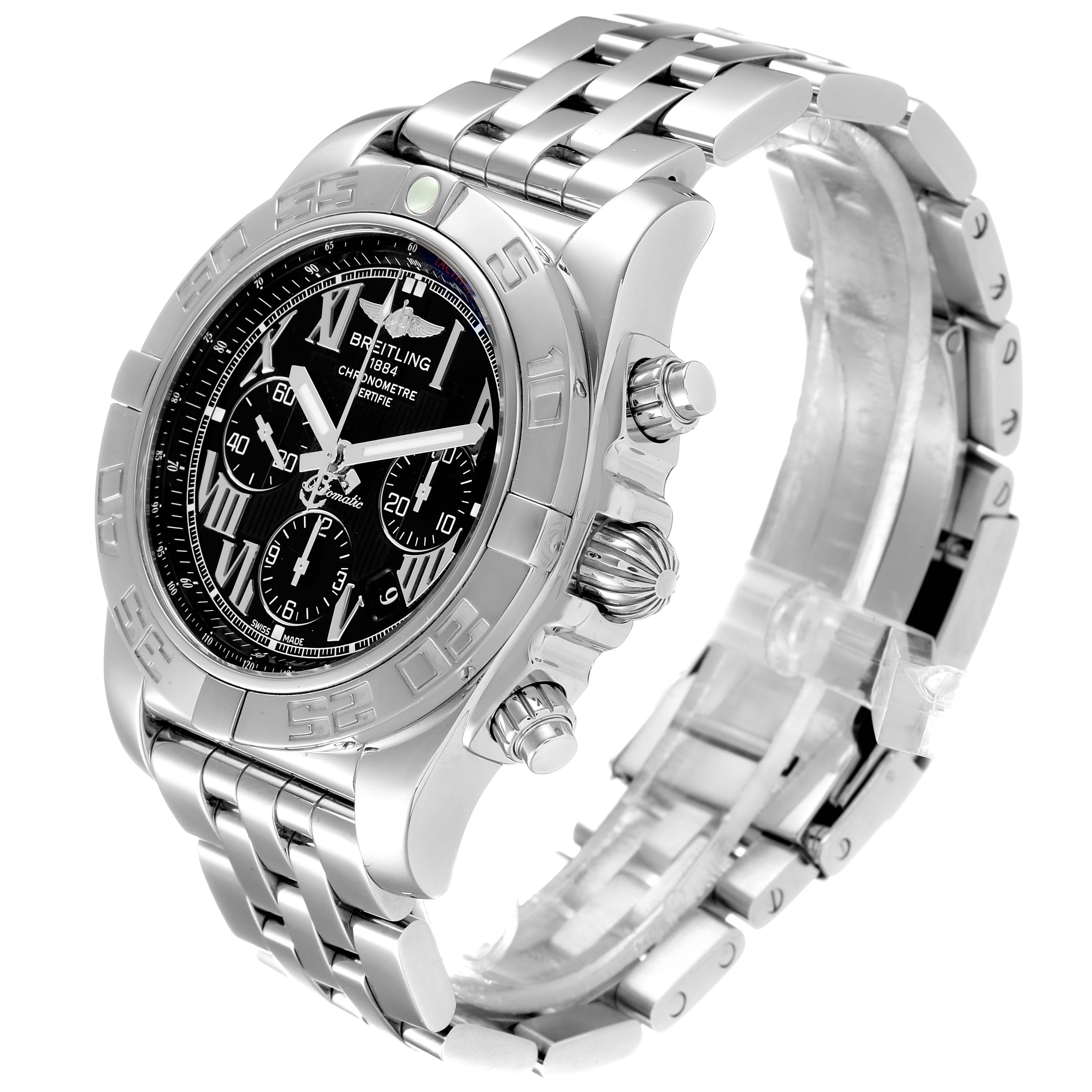 The Breitling Chronomat AB0110 Men's Stainless Steel Black Dial AB0110 Men's Stainless Steel Black Dial watch is shown at a slight angle, displaying its face, side buttons, and metallic bracelet band.