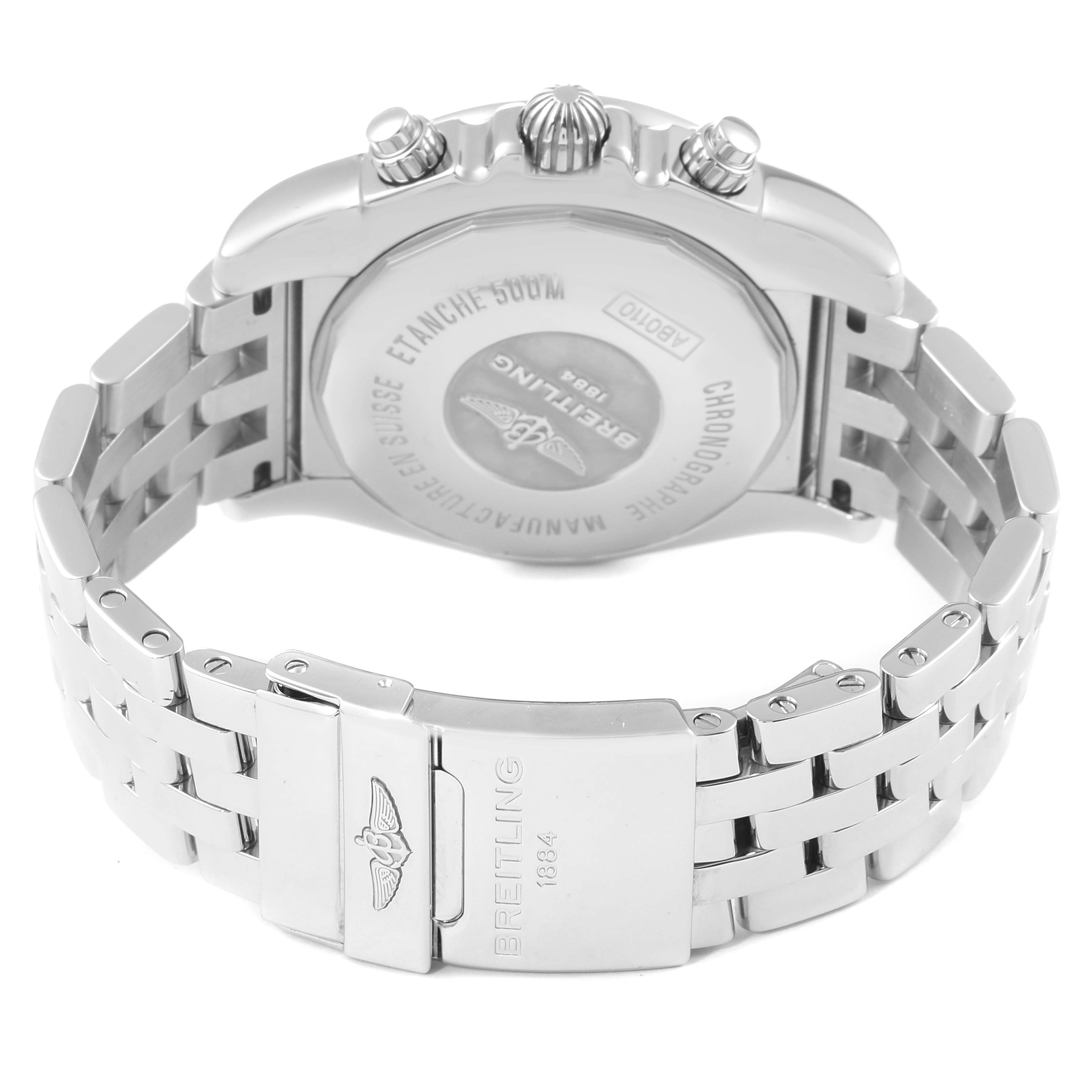 This image shows the back view of a Breitling Chronomat AB0110 Men's Stainless Steel Black Dial AB0110 Men's Stainless Steel Black Dial watch, highlighting the bracelet, clasp, and case back.