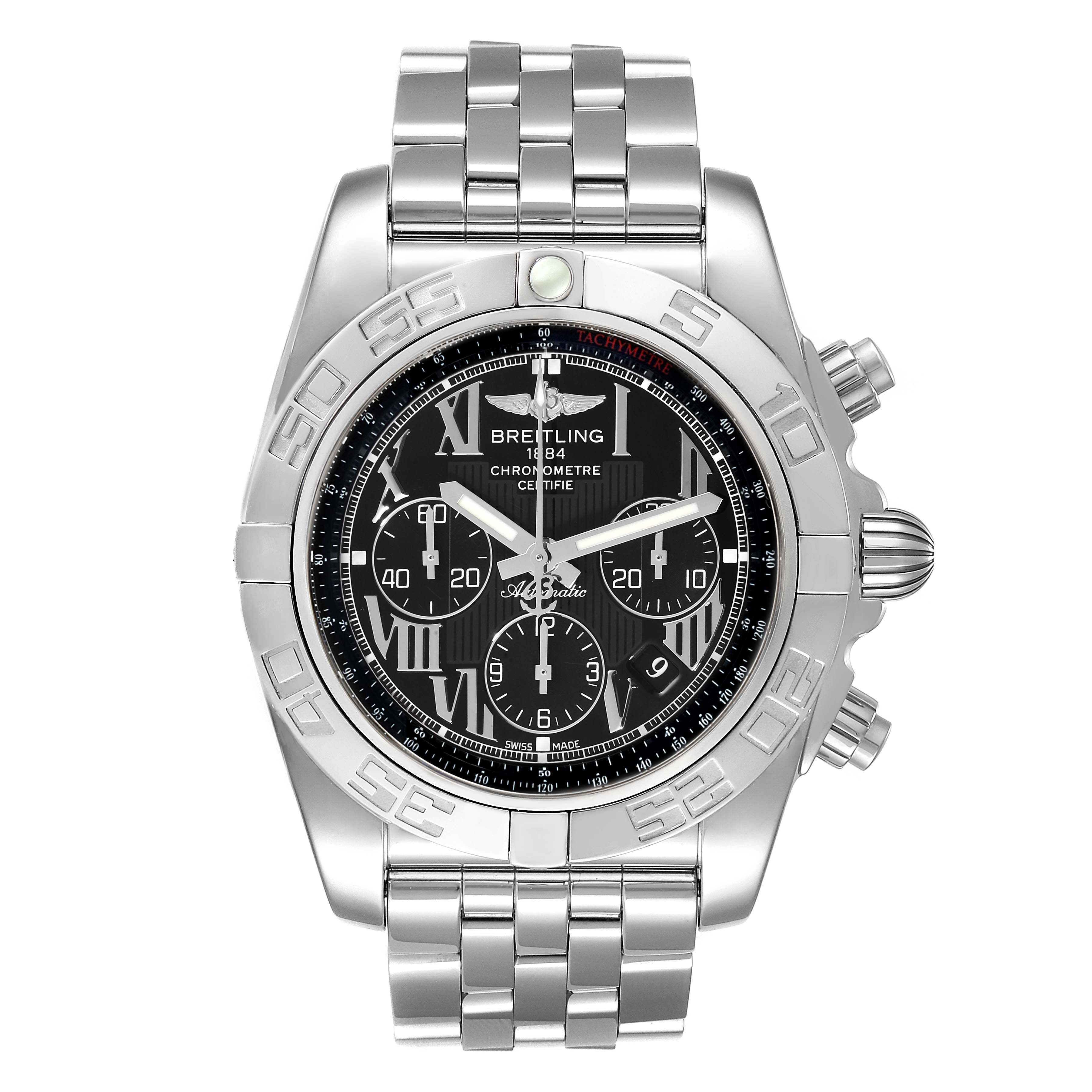 The Breitling Chronomat AB0110 Men's Stainless Steel Black Dial AB0110 Men's Stainless Steel Black Dial watch is shown from a front angle, displaying its face, bezel, and stainless steel bracelet.