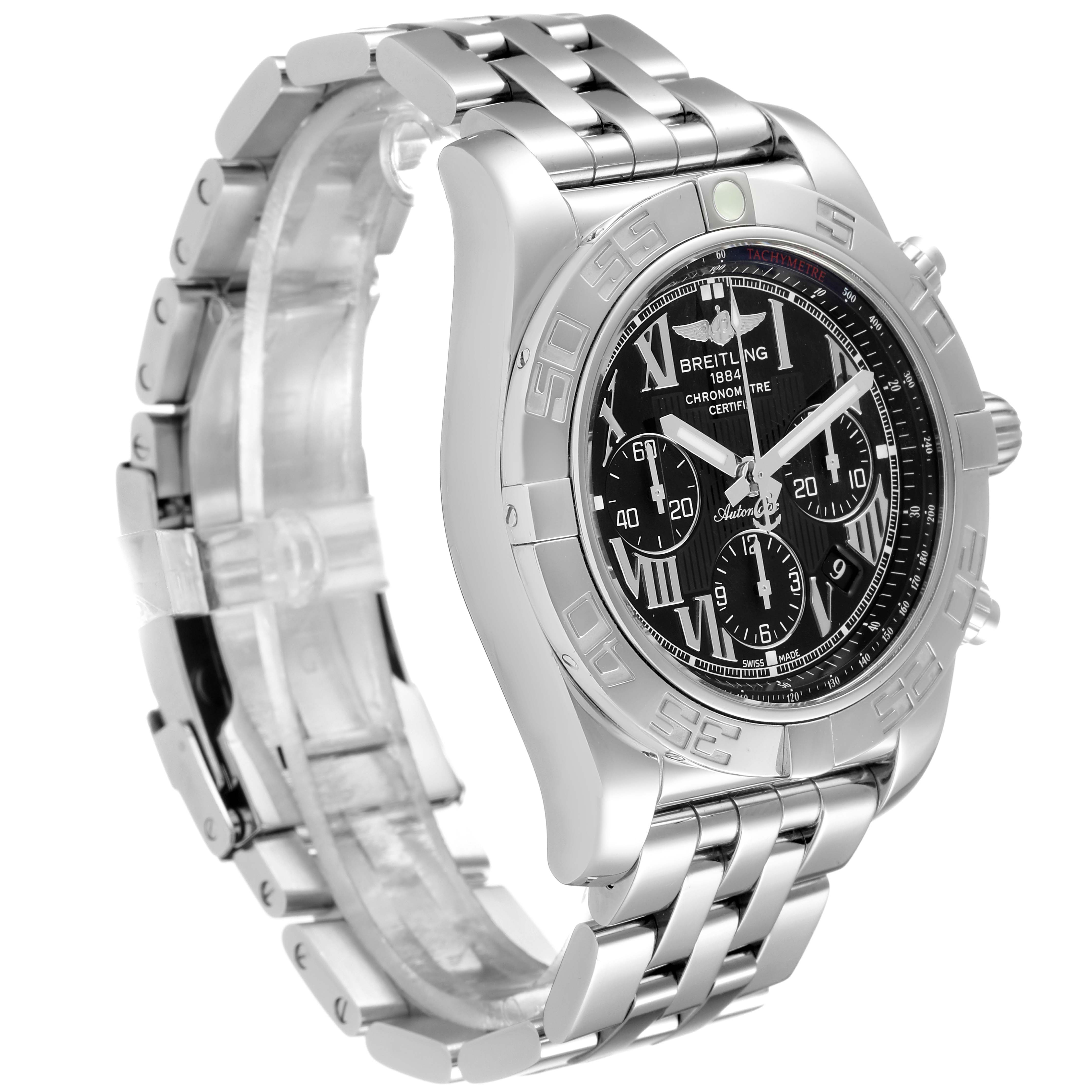 The Breitling Chronomat AB0110 Men's Stainless Steel Black Dial AB0110 Men's Stainless Steel Black Dial watch is shown at an angled side view, displaying its dial, bezel, and stainless steel bracelet.