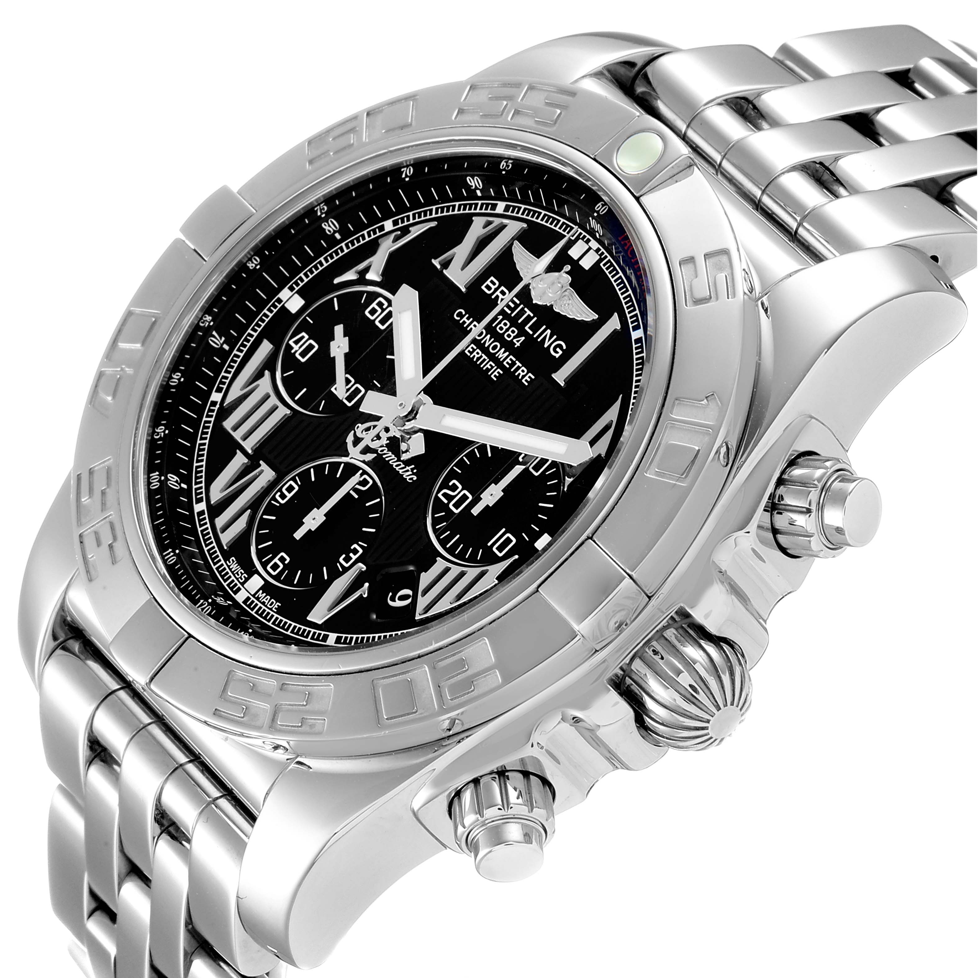 The Breitling Chronomat AB0110 Men's Stainless Steel Black Dial AB0110 Men's Stainless Steel Black Dial watch is shown at an angled view, highlighting the face, crown, and top portion of the metal band.