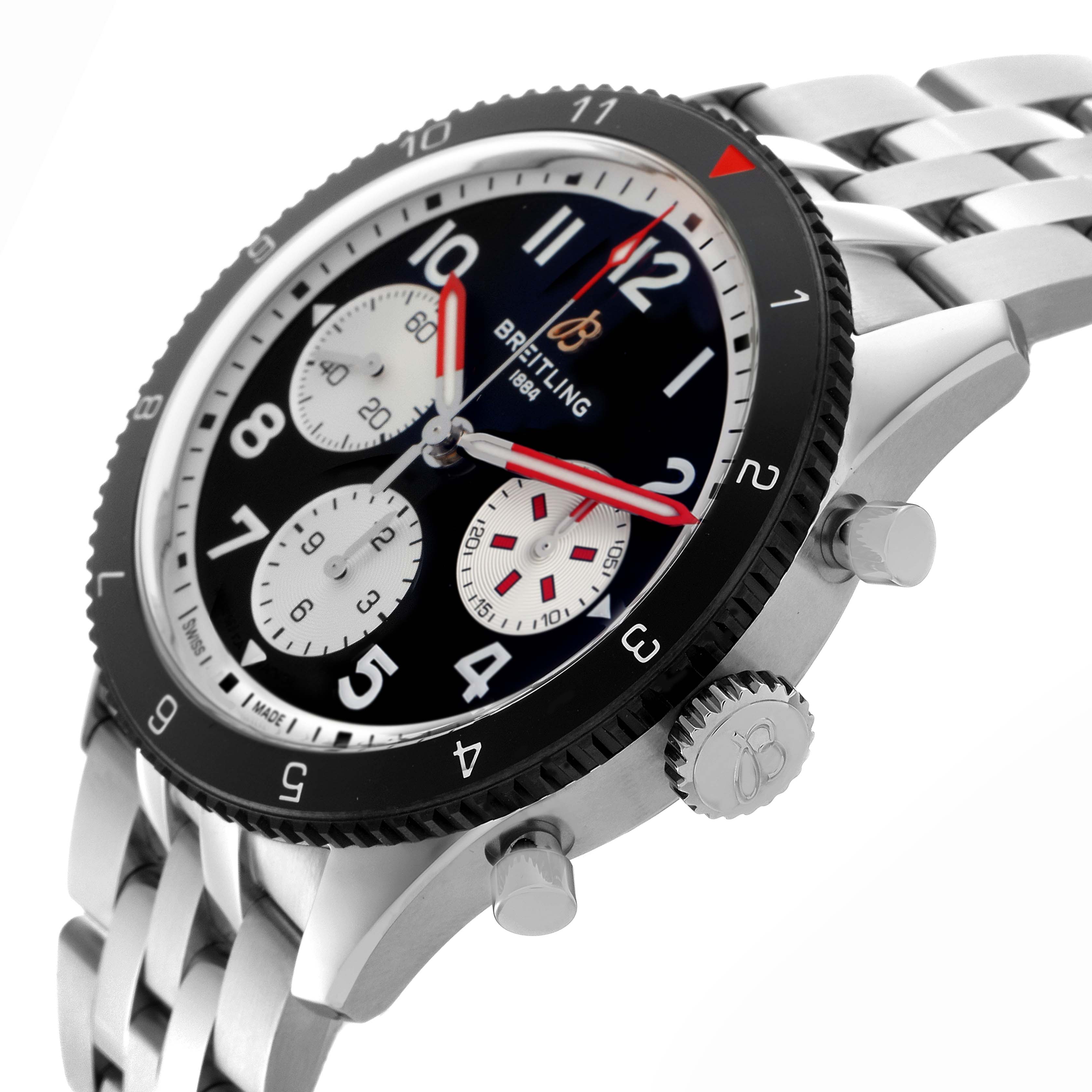 The Breitling Aviator Y233801A1B1A1 Men
s Stainless Steel Black Dial Y233801A1B1A1 Men
s Stainless Steel Black Dial watch is shown at an angle highlighting the dial, bezel, crown, pushers, and part of the bracelet.