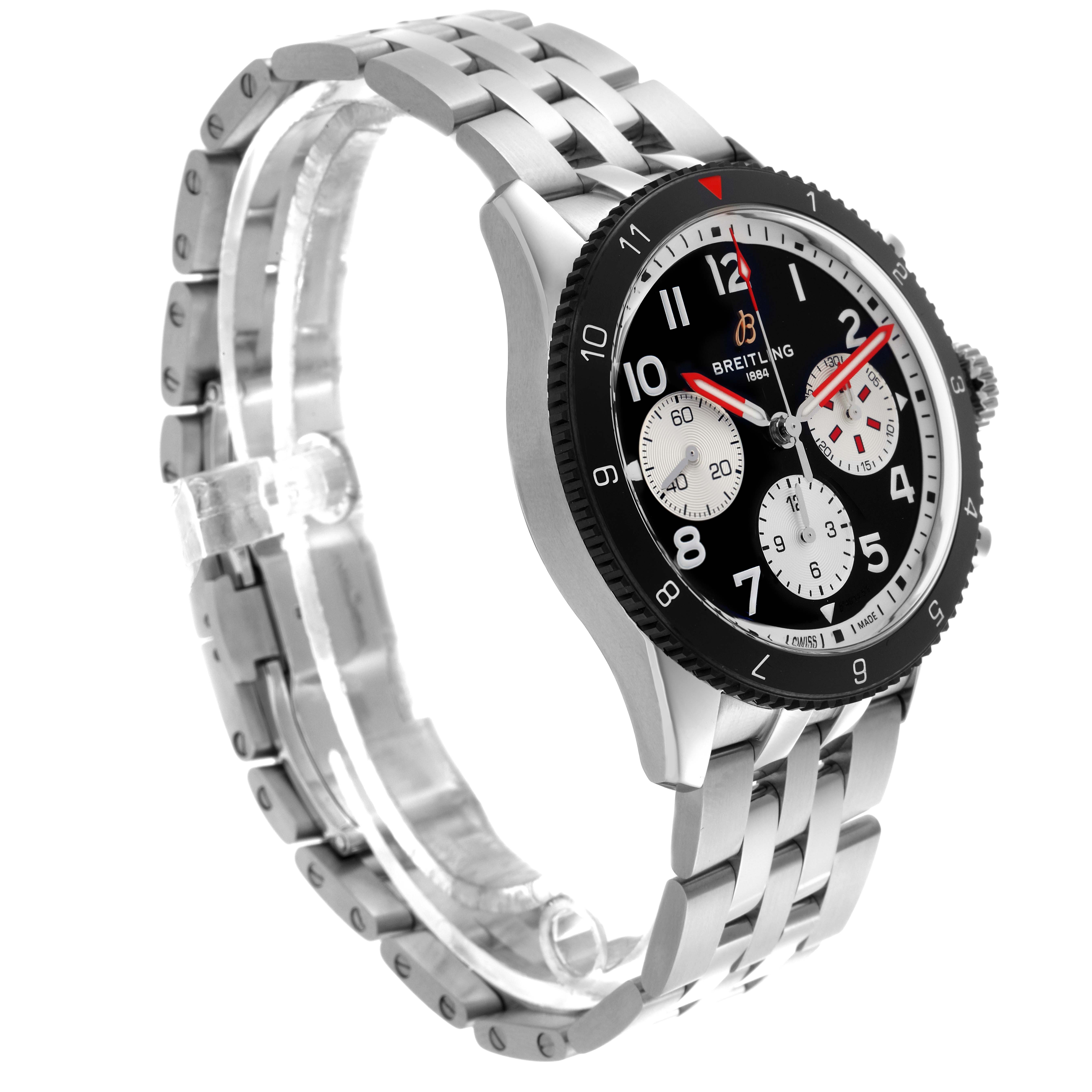 The Breitling Aviator Y233801A1B1A1 Men
s Stainless Steel Black Dial Y233801A1B1A1 Men
s Stainless Steel Black Dial model is shown at a three-quarter angle, highlighting its bezel, dial, and metal bracelet.