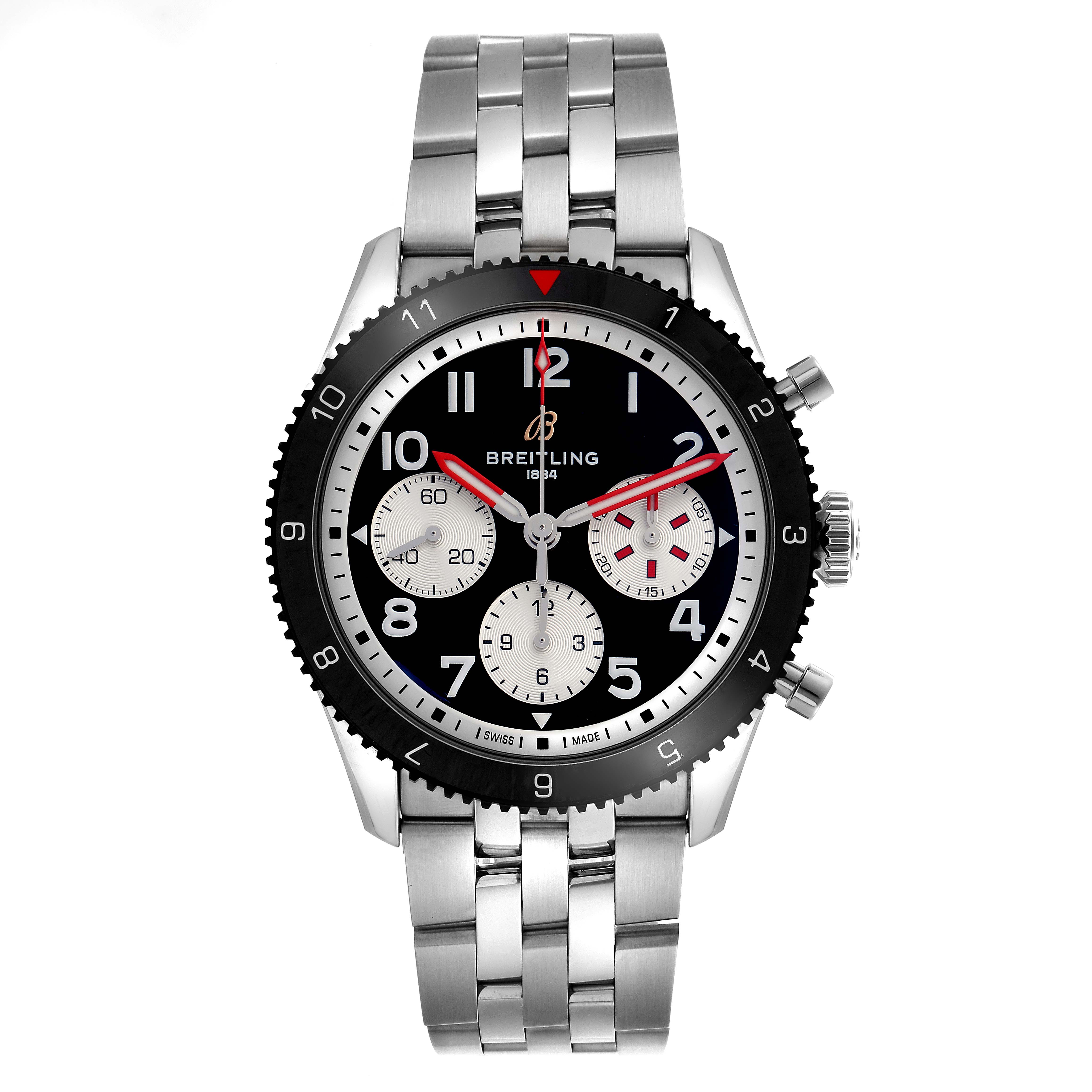 The Breitling Aviator Y233801A1B1A1 Men
s Stainless Steel Black Dial Y233801A1B1A1 Men
s Stainless Steel Black Dial watch is shown from a front angle, displaying the dial, bezel, crown, and bracelet.