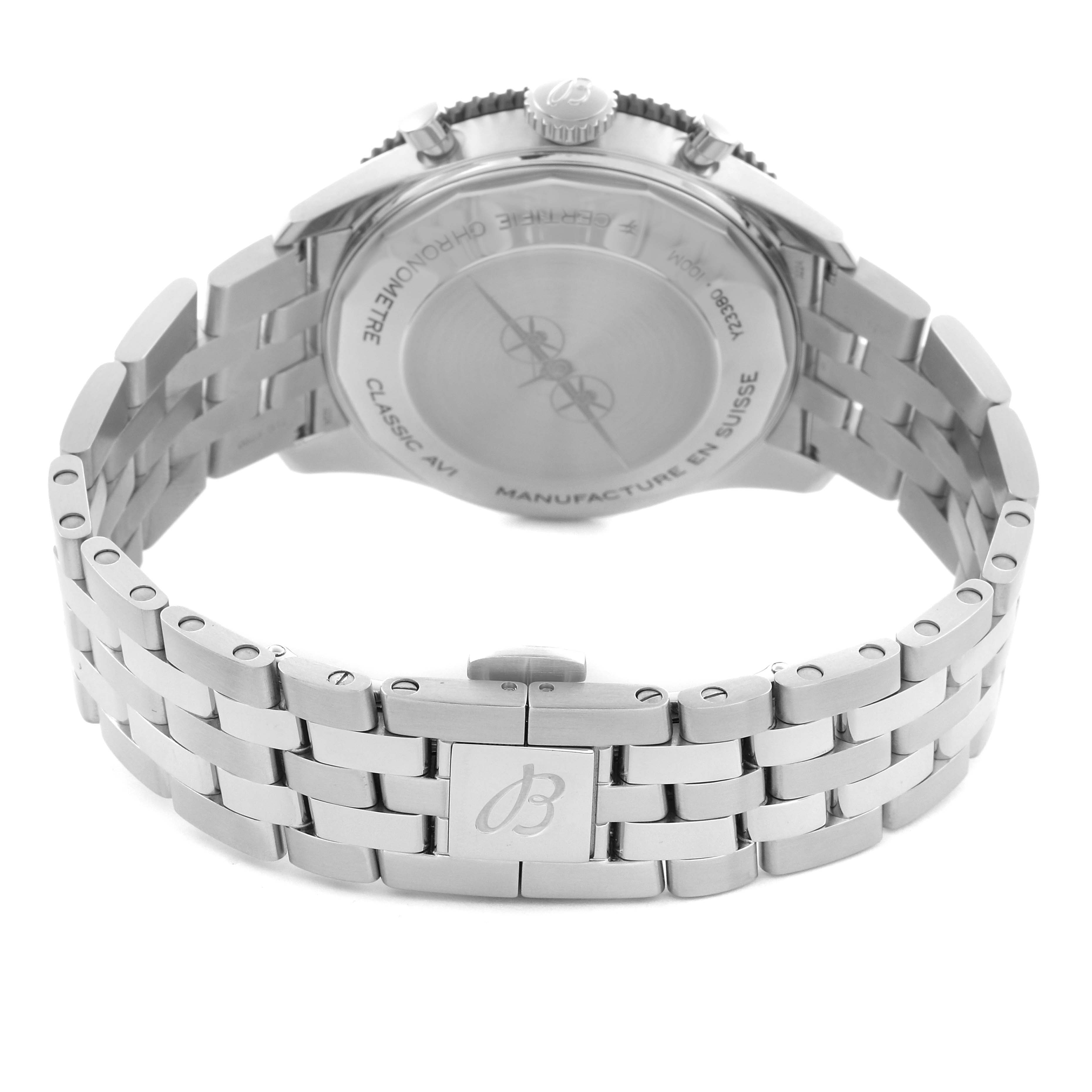 The image shows the back and bracelet of a Breitling Aviator Y233801A1B1A1 Men
s Stainless Steel Black Dial Y233801A1B1A1 Men
s Stainless Steel Black Dial watch, highlighting its clasp and case back details.