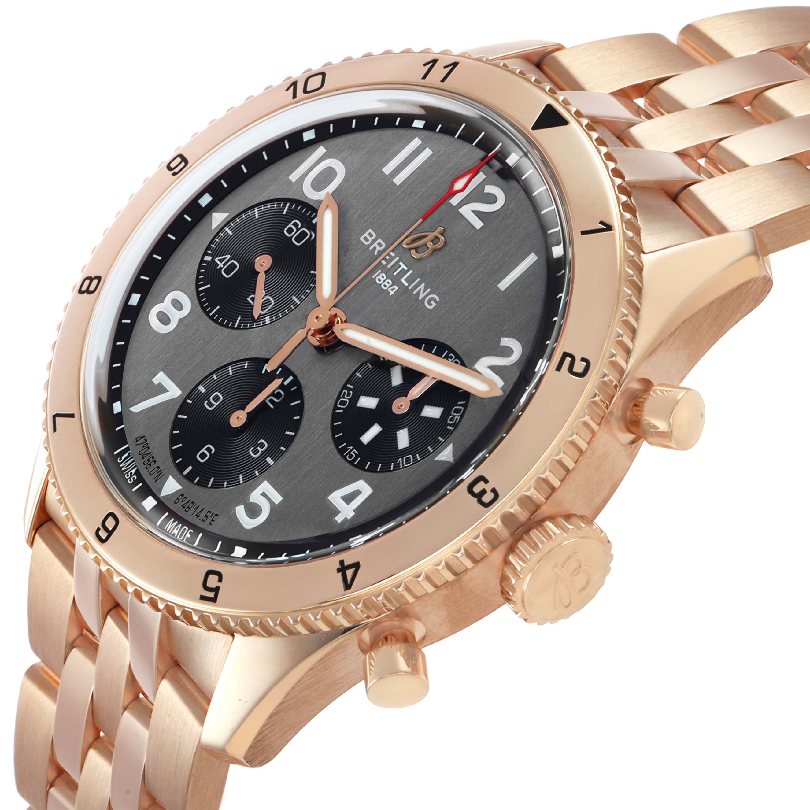 The Breitling Aviator R23380 Men's Rose Gold Grey Dial watch is shown at a slight angle, highlighting the dial, bezel, crown, chronograph subdials, and gold bracelet.
