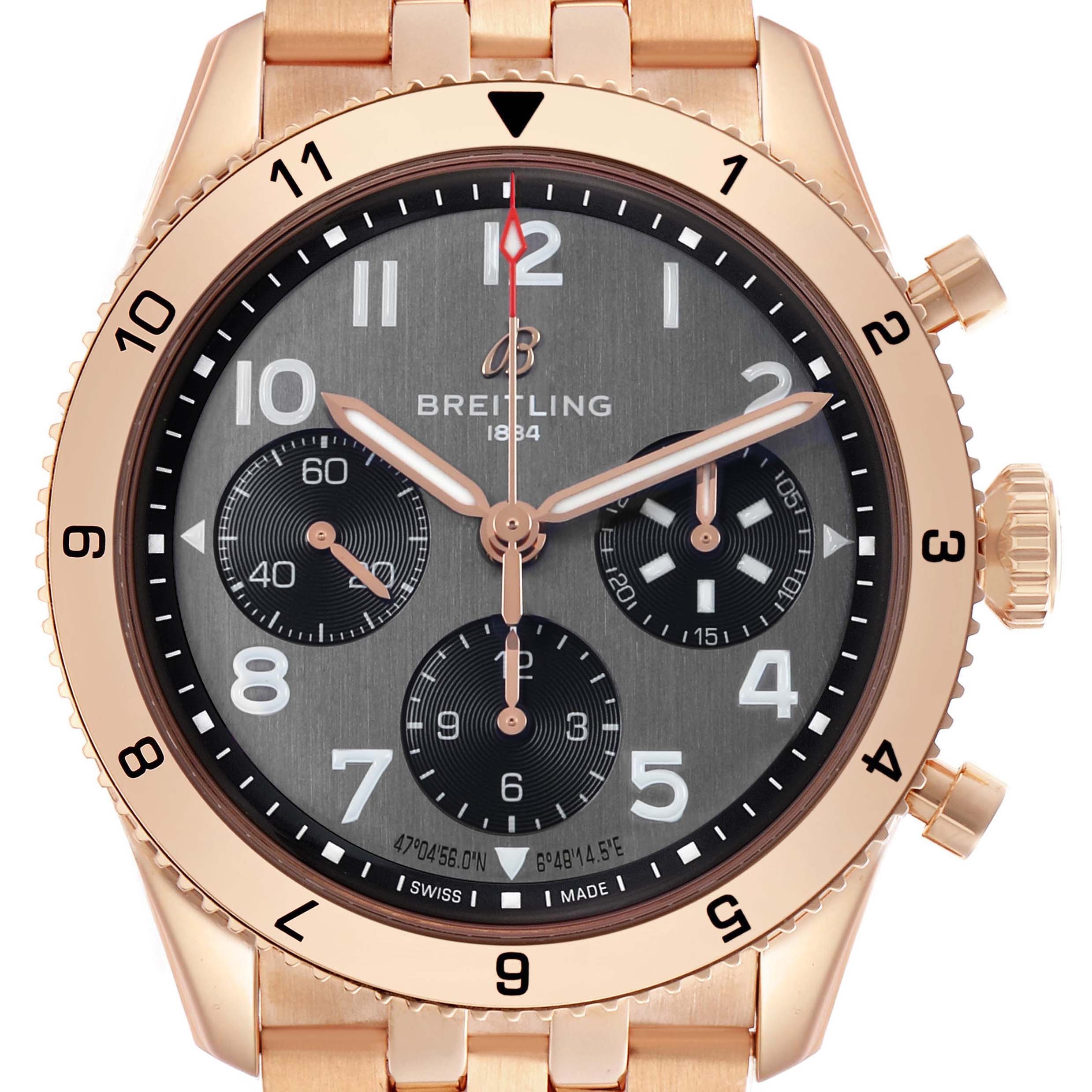 The Breitling Aviator R23380 Men's Rose Gold Grey Dial watch is shown from the front, highlighting the dial, subdials, bezel, and crown.