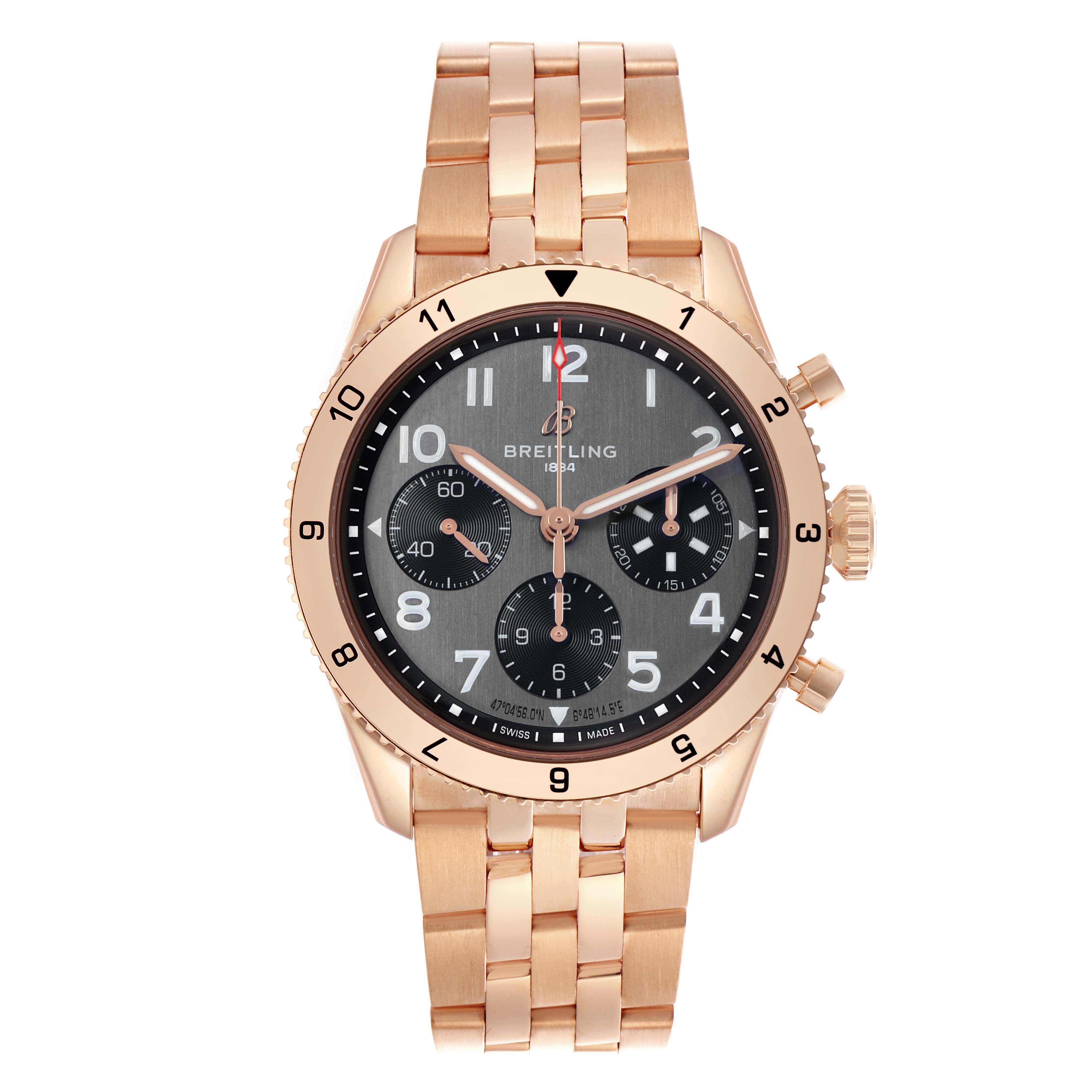 The Breitling Aviator R23380 Men's Rose Gold Grey Dial watch is shown from the front, highlighting its dial, bezel, and rose gold bracelet.